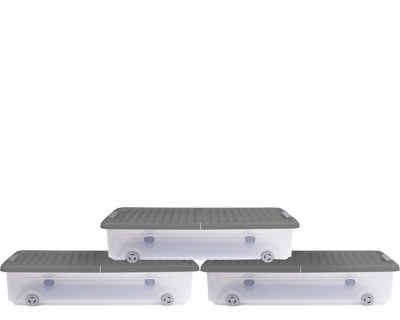 ONDIS24 Aufbewahrungsbox Unterbettbox Rollerbox Aufbewahrungsbox 35 W (3 Stück, Grau) (3er Set), Volumen ca. 35 Liter, Maße ca. 74 x 37 x 17 (H) cm, transparent-grau