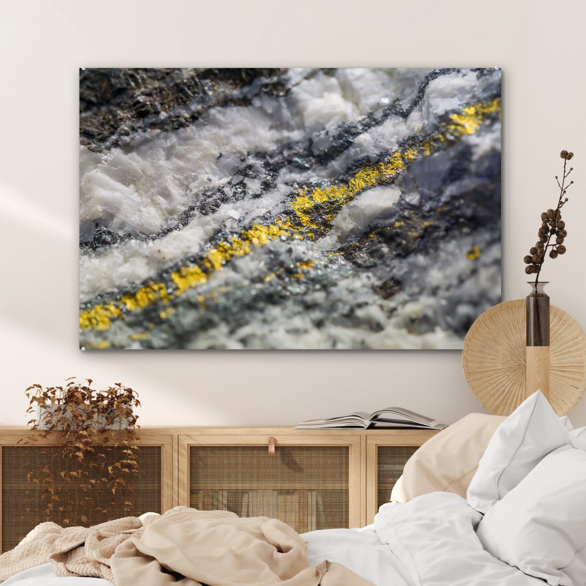 einem Darstellung MuchoWow Gold Schlafzimmer (1 Acrylglasbilder Abstrakte Wohnzimmer & Acrylglasbild von St), in Stein,