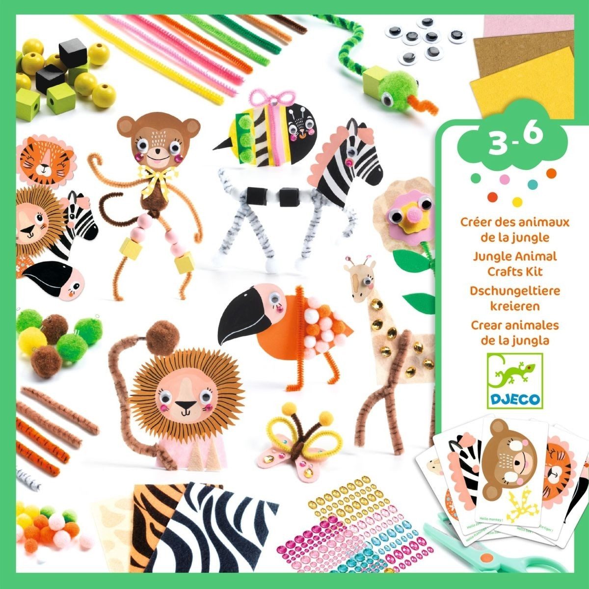DJECO Kreativset Kreativbox Dschungeltiere Bunte Bastelbox für Kinder ab 3 Jahren