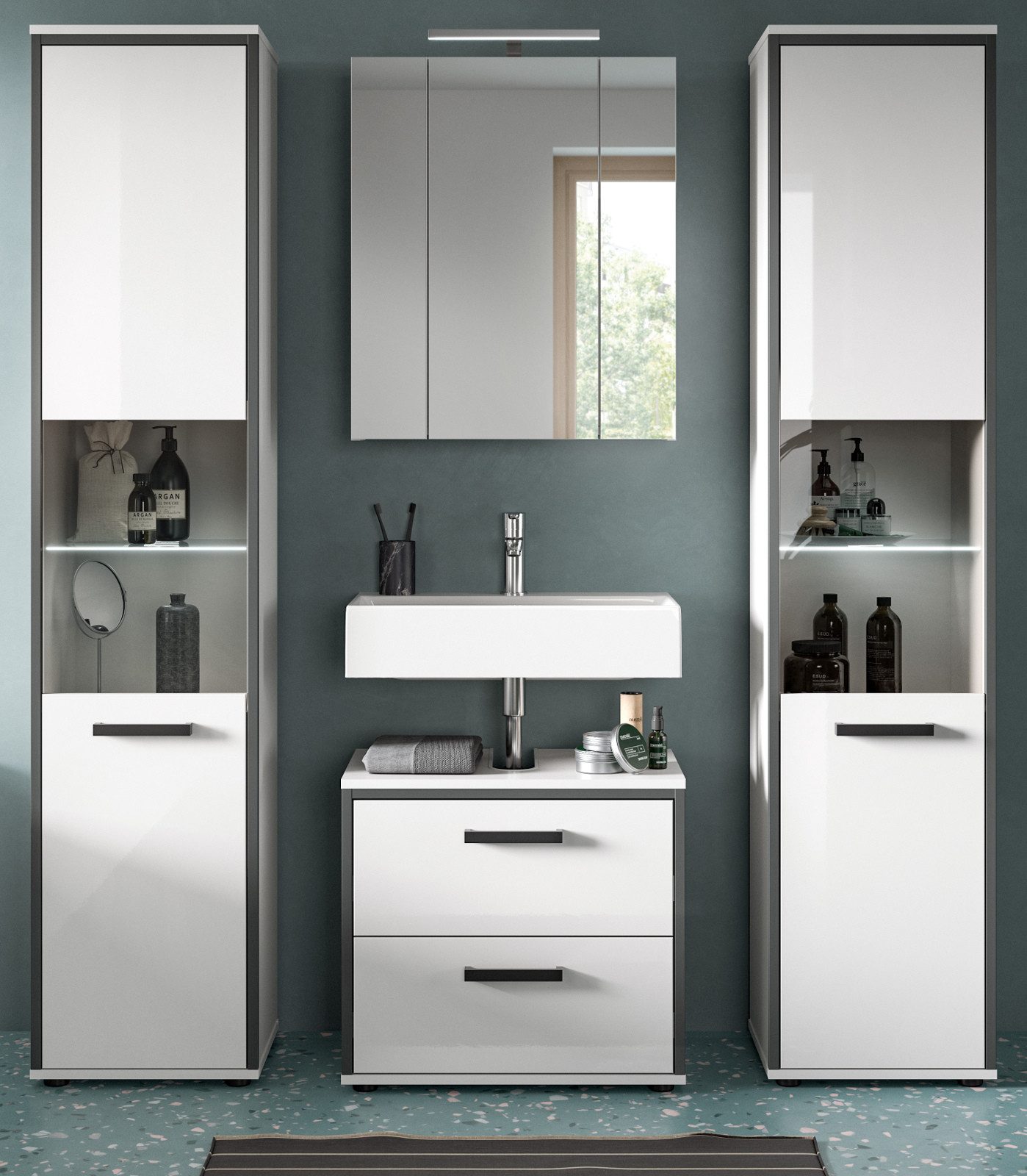 Inn.Furn Badmöbel-Set Telly, (Set in Weiß Hochglanz mit Grau, Badezimmer 4-teilig, 170 x 188 cm), mit 2x Hochschrank für extra viel Stauraum
