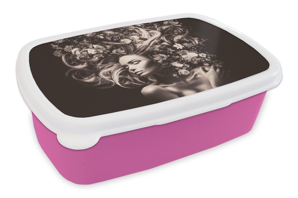 MuchoWow Lunchbox Blumen - Frau - Natur, Kunststoff, (2-tlg), Brotbox für Erwachsene, Brotdose Kinder, Snackbox, Mädchen, Kunststoff rosa