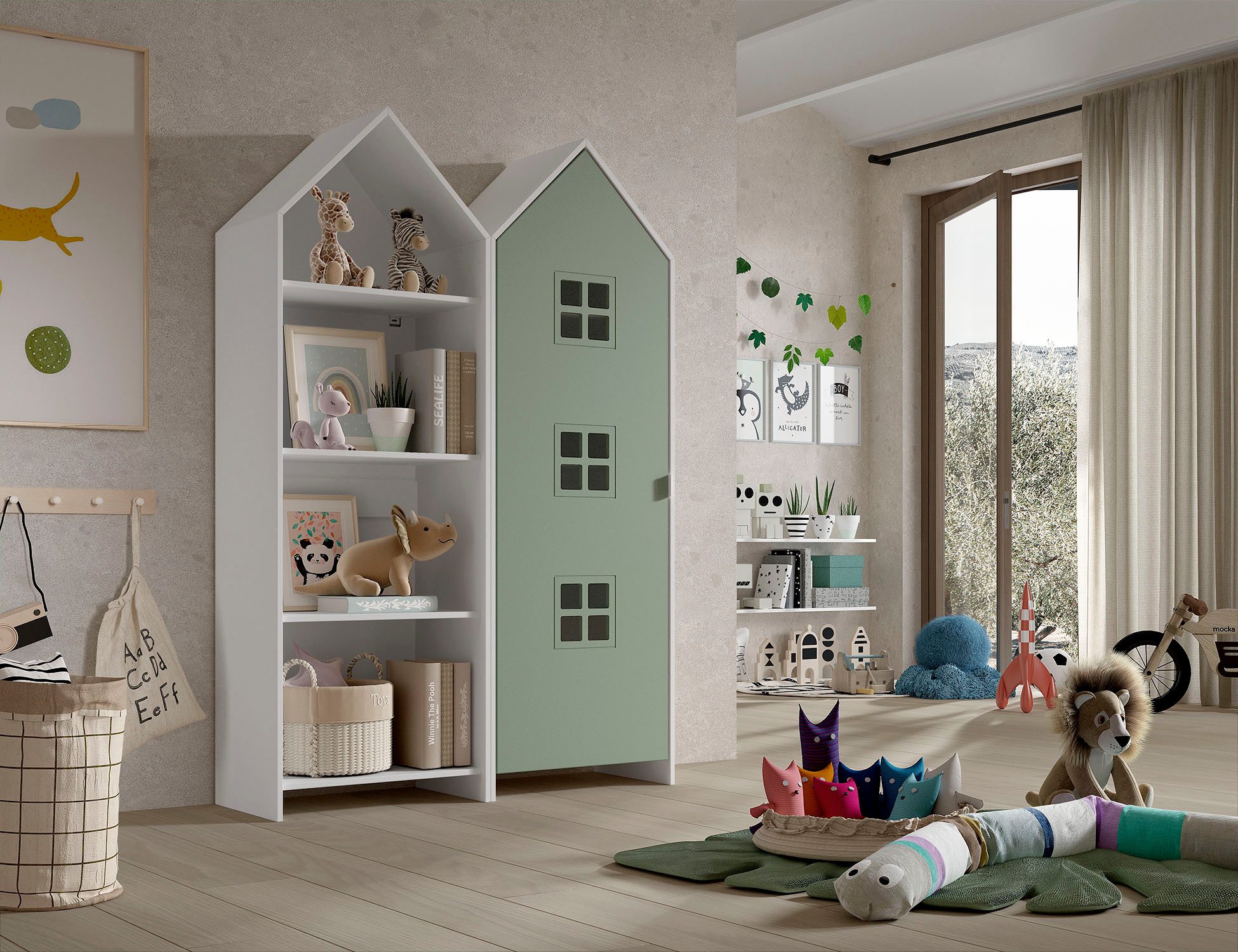 Vipack Kleiderschrank Set Casami Bruges in trendigem Design, 1 Regal u. 1 Kleiderschrank (2-St., Schranktür in verschiedenen Farben und Fensteranordnungen) variable Typenanordnung, Kleiderschrank mit Böden und Kleiderstange