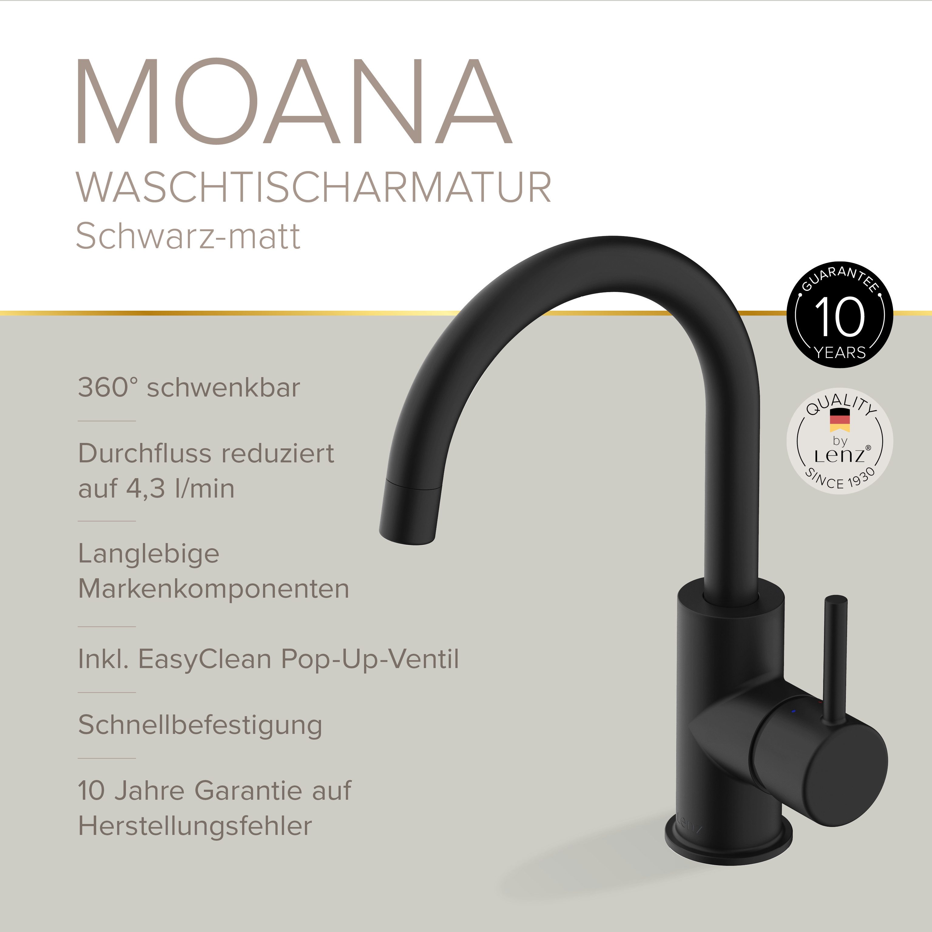 Lenz Waschtischarmatur MOANA Badarmatur mit Pop-Up-Ventil (Armatur mit Pop-Up-Ventil) Anti-Fingerabdruck Oberfläche, Easy Clean Pop-Up Ventil – Bild 3 von 5