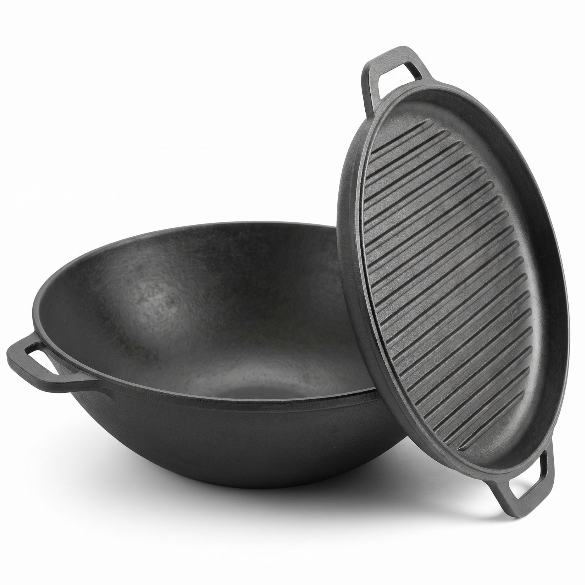 4BIG.fun Wok Gusseisen Wok 36 cm Deckel-Bratpfanne Grill Kazan 8 L flacher Boden, (Gusseisentopf Kochkessel Gusstopf, Bratentopf Eisentopf Woktopf), Wokpfanne Asiapfanne Kasan