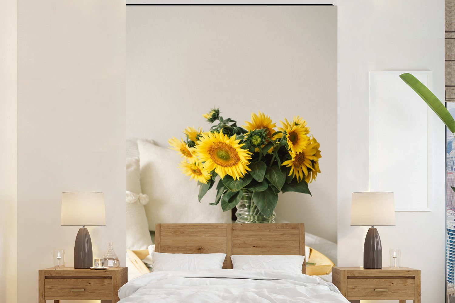 MuchoWow Fototapete Stilleben - Tablett - Sonnenblumen, Matt, bedruckt, (3 St), Montagefertig Vinyl Tapete für Wohnzimmer, Wandtapete | Fototapeten