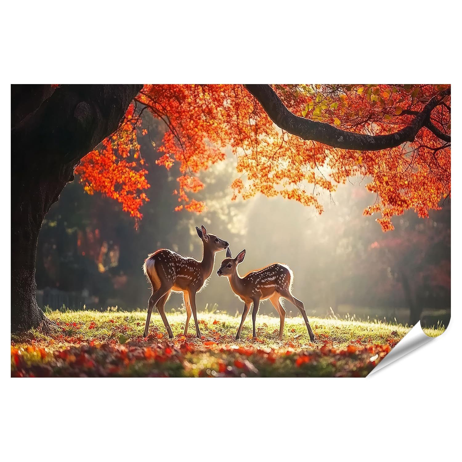 islandburner Poster Rehe im Herbstlicht unter roten Blättern für Wohnzimmer