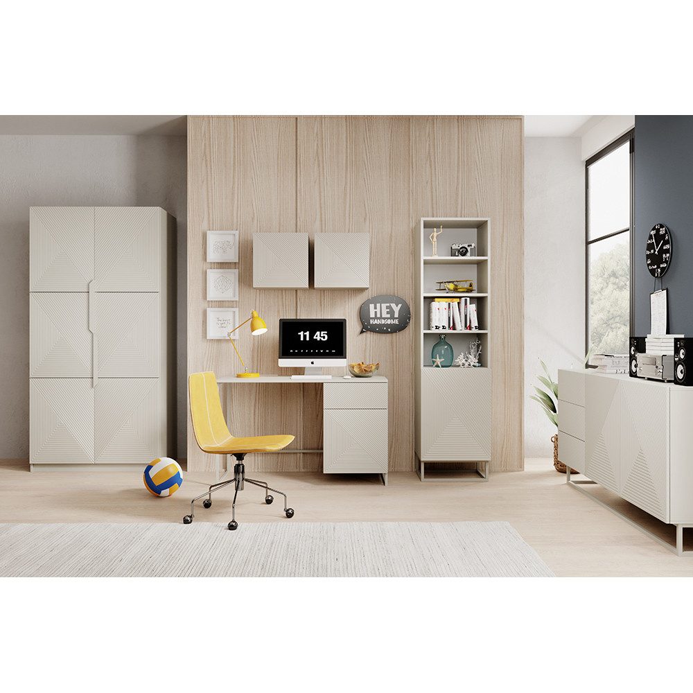 Lomadox Büromöbel-Set ADARE-141, (Spar-Set, 6-tlg., Hängeschränke Kleiderschrank Regal Schreibtisch Sideboard), in kaschmir mit gerillter Front und Metallgestell, Push-to-Open