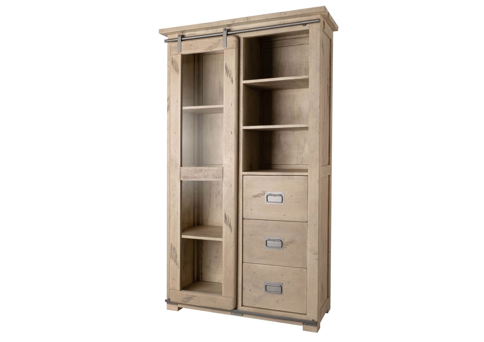 Massivmoebel24 RAILWAY Vitrine lackiert Mango beige Standvitrine 100x45x175 #326 whitewash