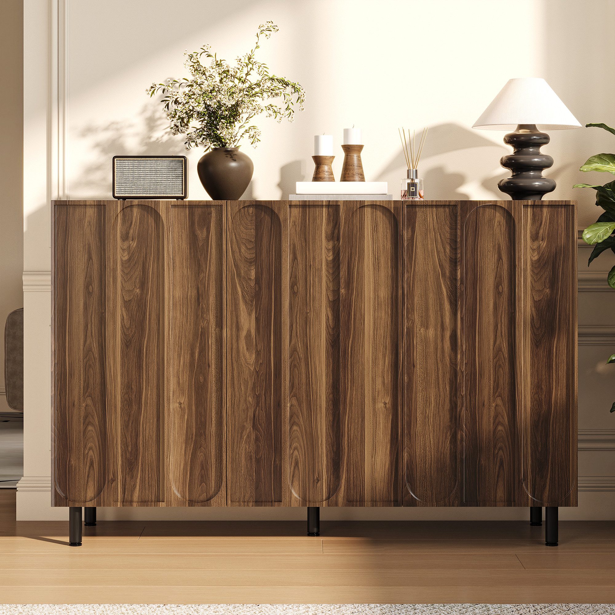 Merax Sideboard mit 3 Türen, verstellbaren Einlegeböden & Metallfüße (Stauraumschrank Anrichte, 1 St), 2-in-1 Kommode mit Soft-Close-Scharnieren, 120Lx37Bx80Hcm