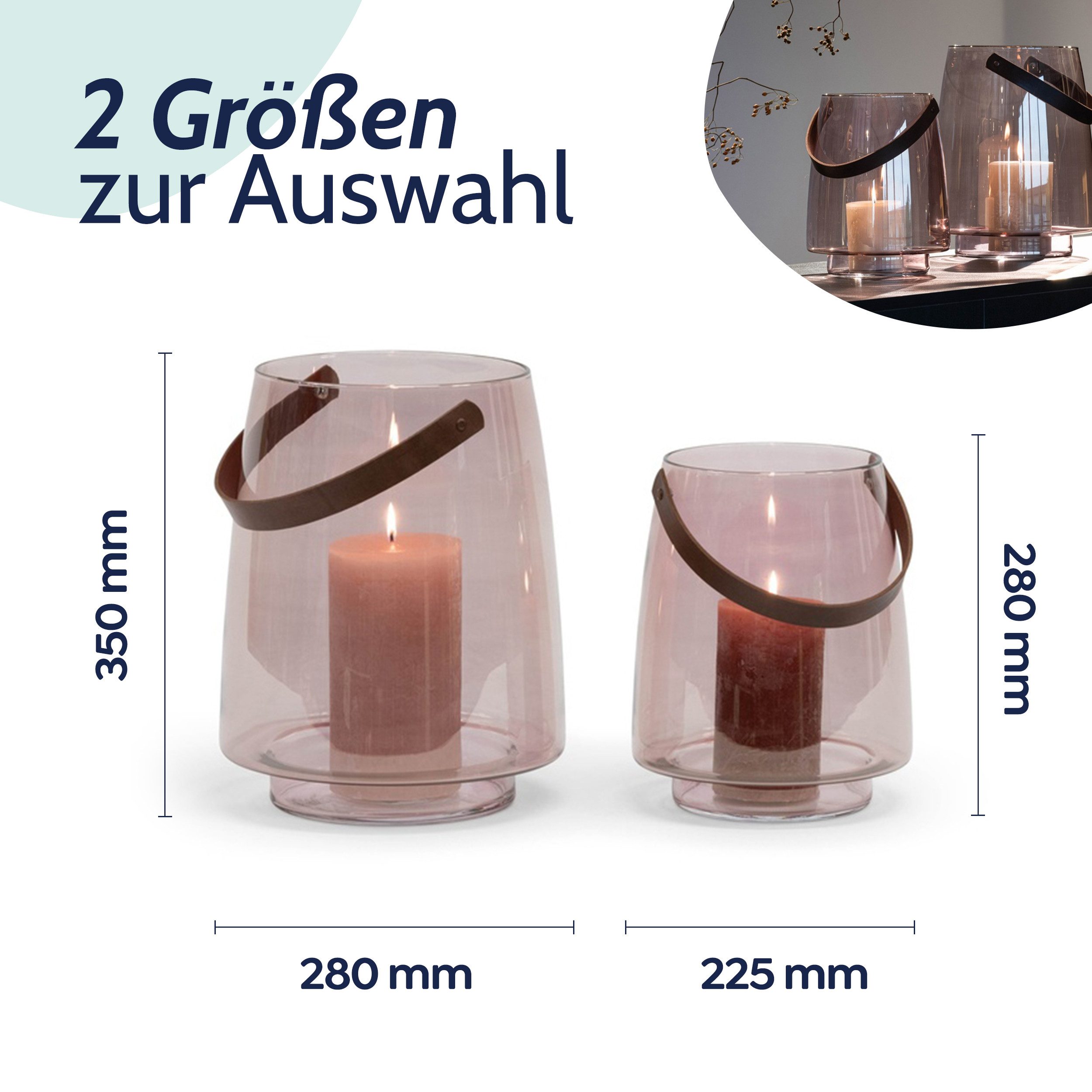 coco+cozy Bodenwindlicht Windlicht Linnea L/L Ø 22,5x28cm, mundgeblasenes Glas, mundgeblasen, Designobjekt, Henkel aus Leder