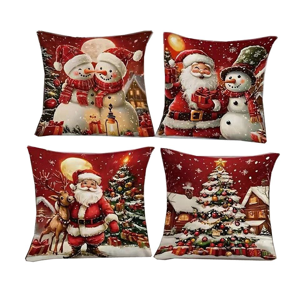 Bomiclss Kissenbezug 4-teilige Weihnachtsleinen Kissenbezug, Weihnachtskissenbezug, Weihnachtssofa Kissenbezug, Weihnachtsmann Rentier Schneemann