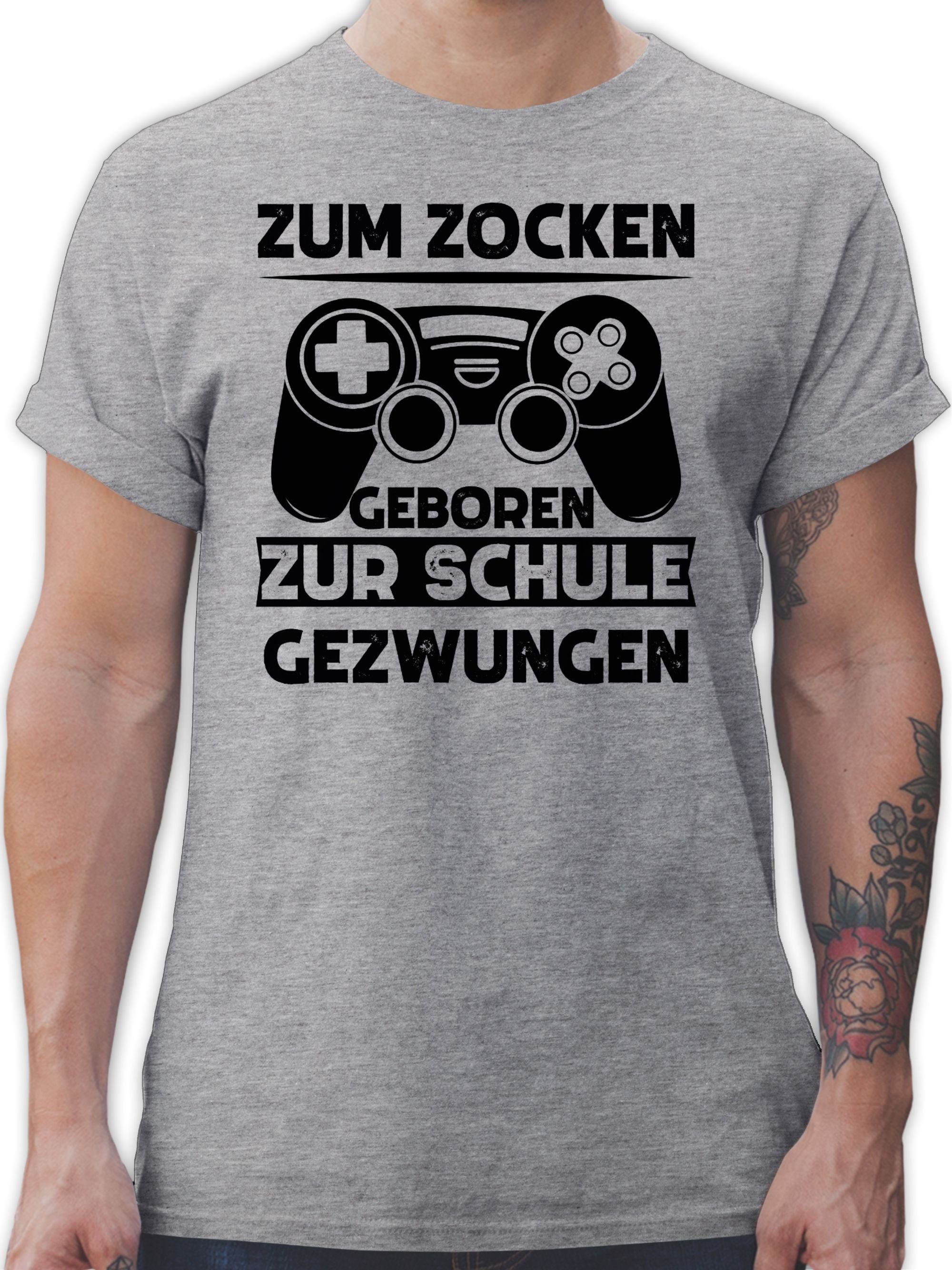 Shirtracer T-Shirt Zum zocken geboren meliert Schule 3 Geschenke gezwungen Nerd zur Grau
