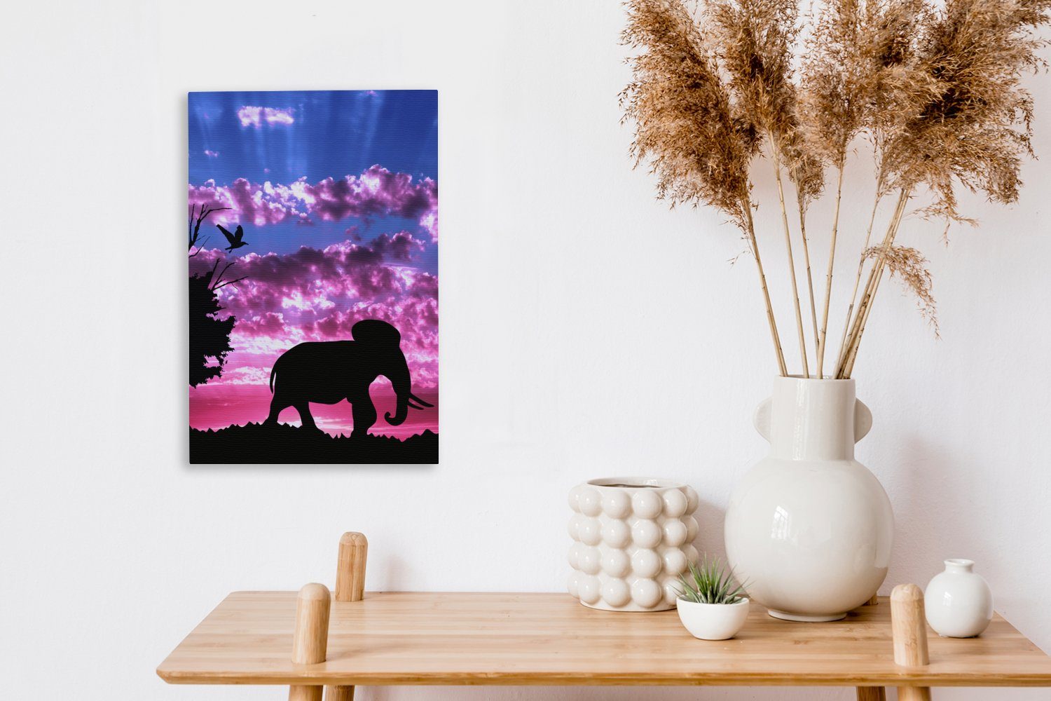 20x30 Elefant (1 Leinwandbild OneMillionCanvasses® - fertig Zackenaufhänger, inkl. - cm - Rosa, Lila Leinwandbild Vogel St), Gemälde, bespannt