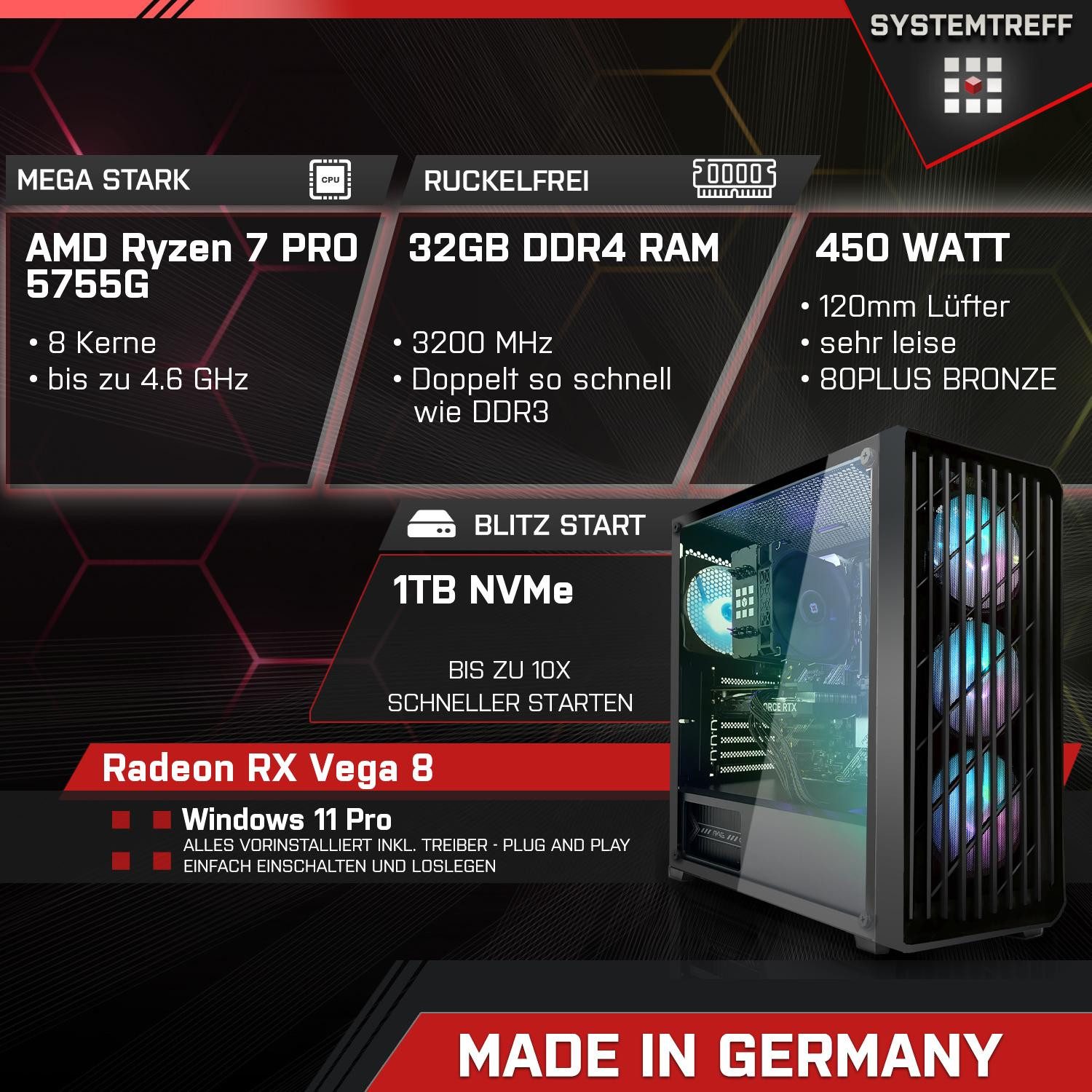 SYSTEMTREFF Basic Gaming-PC (AMD 5755G 5755G, RX Vega 8, 32 GB RAM, 1000 GB SSD, Luftkühlung)
