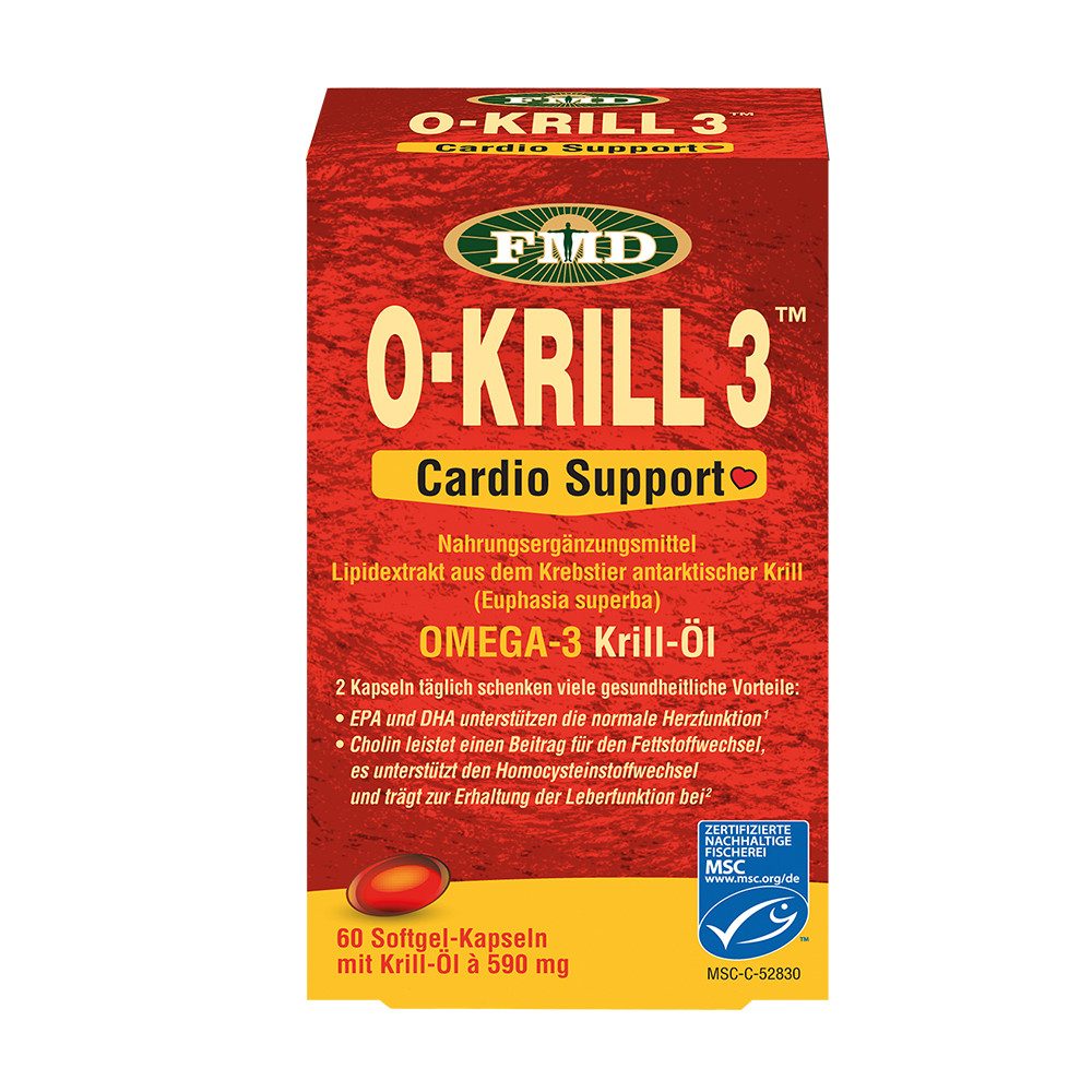 Flora Manufacturing & Distributing Ltd Krillöl O-Krill 3 Cardio Support - Kein Aufstoßen wie bei Fischöl 60 Softgel-Kapseln, 35.4 g, mehrfach ungesättigte Fettsäuren: EPA 89mg/Kapsel - DHA 41 mg/Kapsel