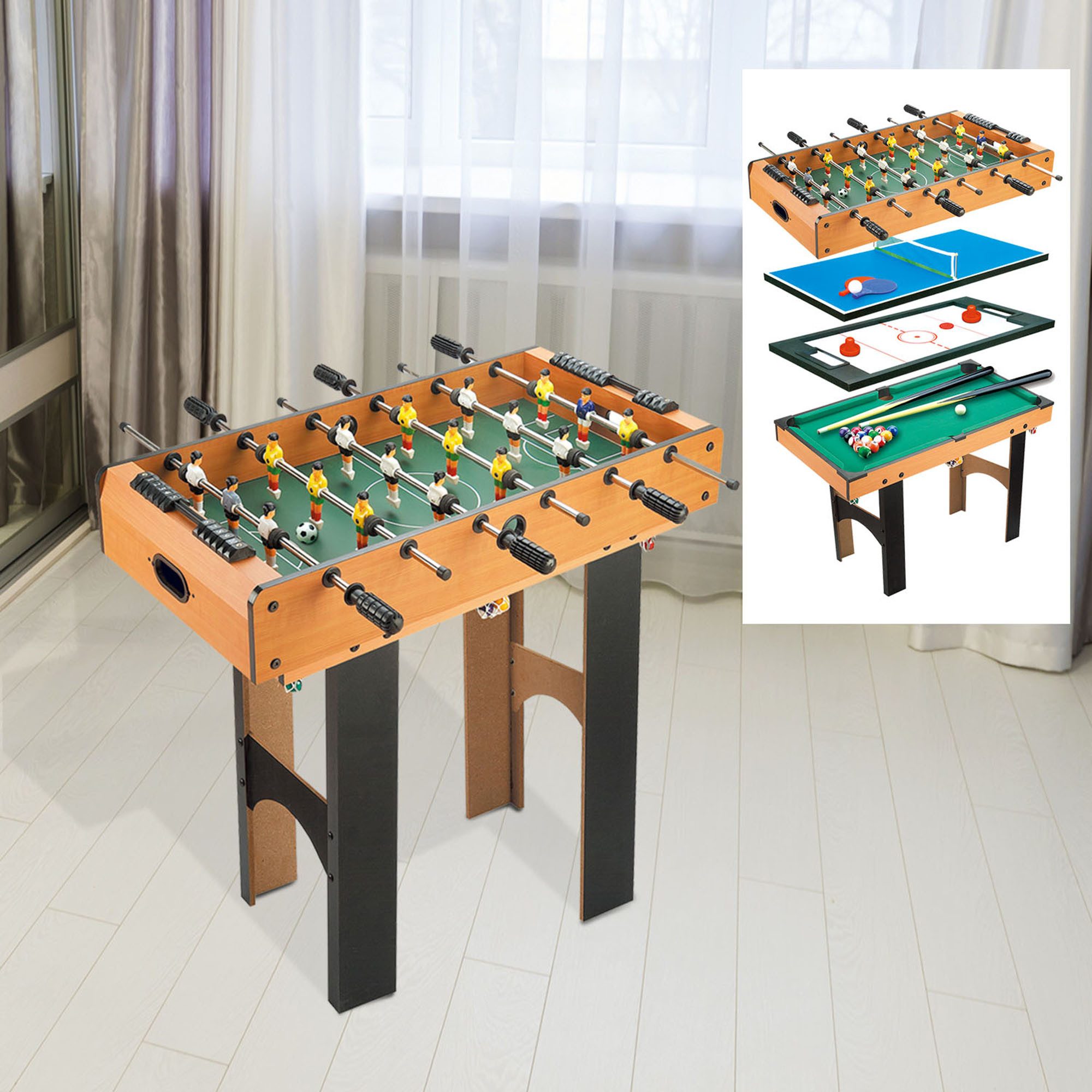 HOMCOM Spieltisch 4-in-1 Multispieltisch Multigame Multifunktionsspieltisch aus MDF, (Multifunktionstisch, 1-tlg), mit Tischfußball Tischhockey Tischtennis Billard, Naturholz+Schwarz