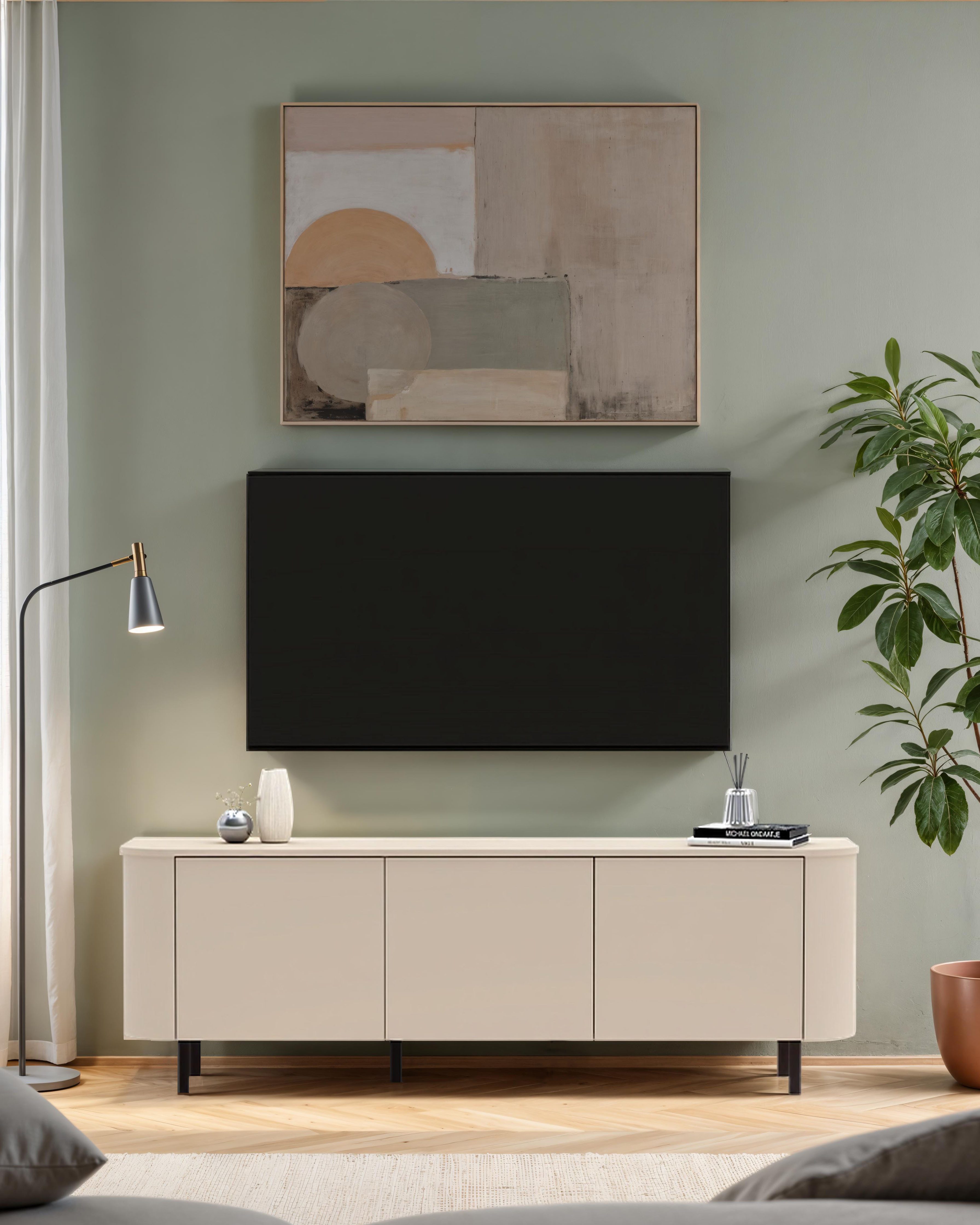 OTTO home Lowboard Lido, 181 cm breit, 3 Türen, TV-Schrank, TV-Kommode, Medienboard, Formgebogenes MDF, Stirnseiten mit Rundung, Push-to-open, Metallfüße