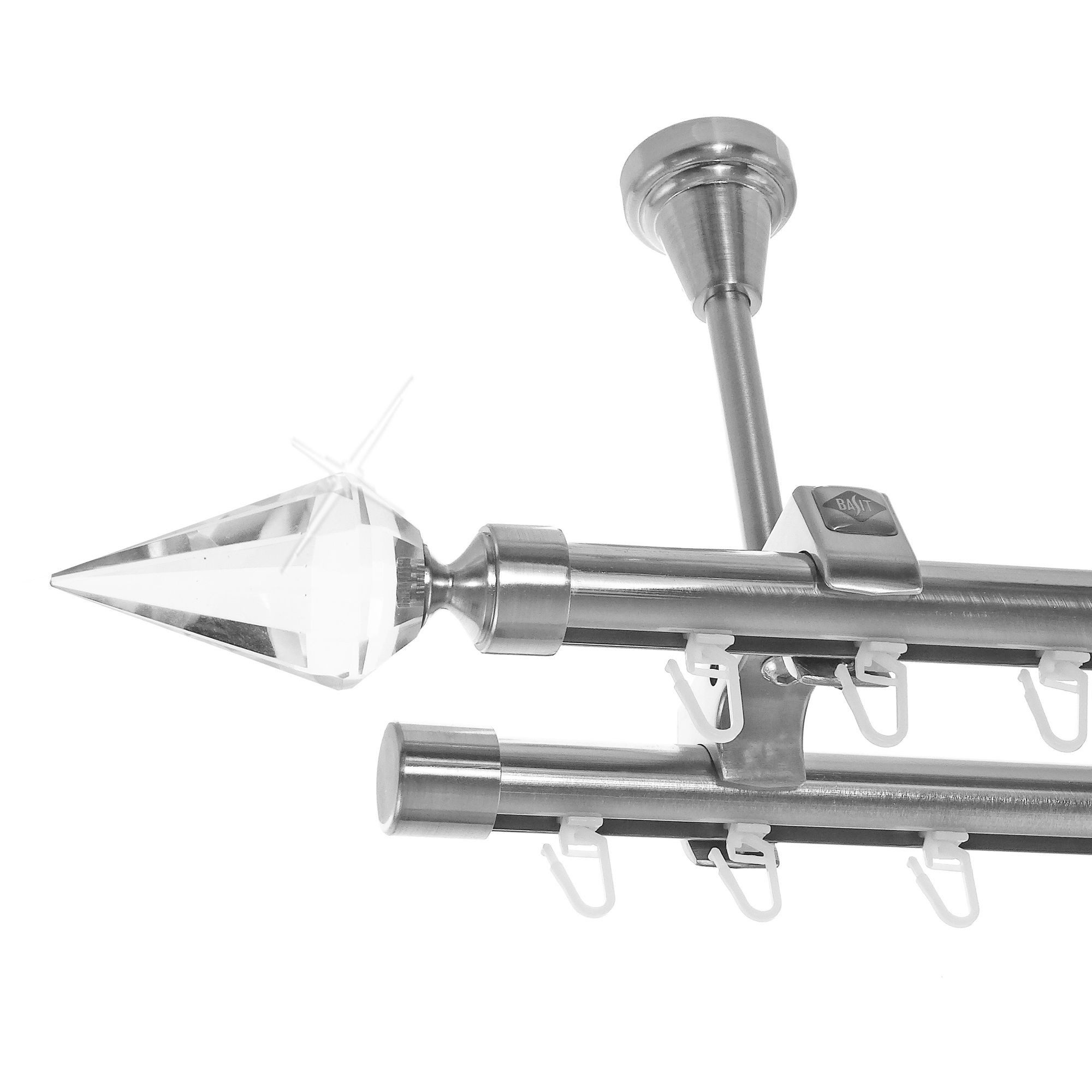 BASIT Gardinenstange Innenlauf Edelstahloptik 20mm mit Deckenträgern 400 cm E37, Ø 20 mm, 2-läufig, verschraubt, Aluminium, D61II 400 cm E37 Spitze Kristall