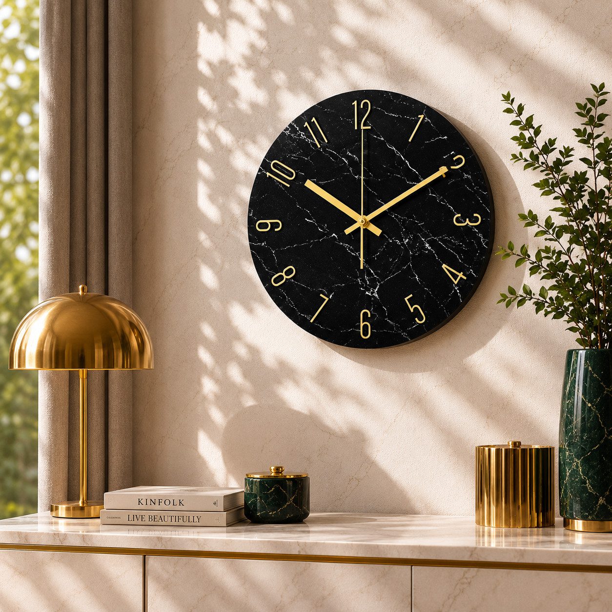 K&L Wall Art Wanduhr Steinoptik Glasuhr Analoge Wanduhr aus Glas Uhr Marmor Küchenuhr (leises Quarz Uhrwerk ohne Ticken)