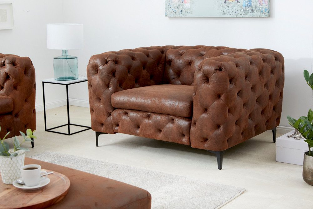 riess-ambiente Chesterfield-Sessel MODERN BAROCK 120cm antik braun · Microfaser-Sessel mit Federkern (Einzelartikel, 1-St), Chesterfield · Ziersteppung · Rundum-Bezug · Lesesessel · Metallfüße