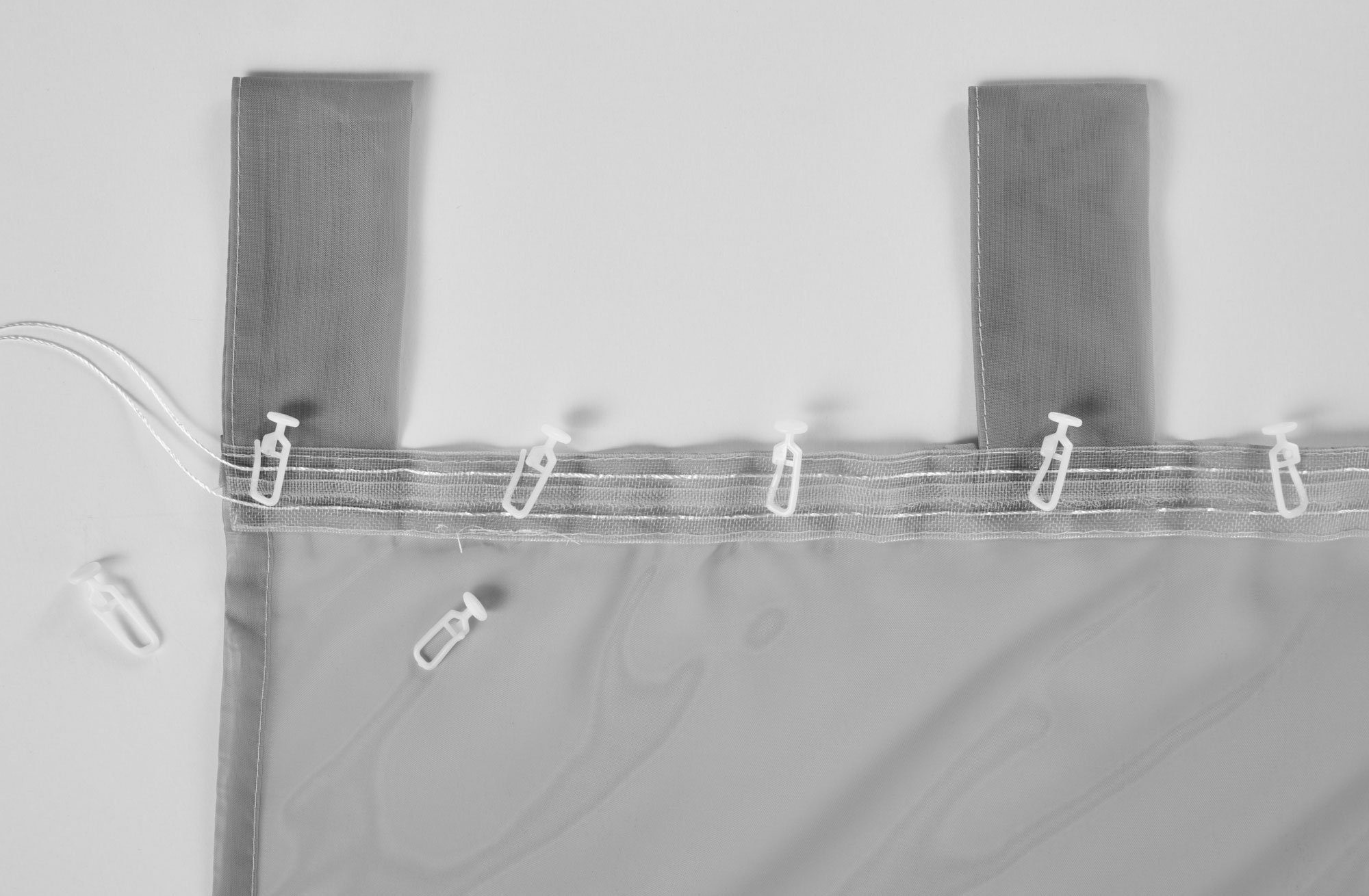 Höhen Vorhang Set Gardine, Voile verschiedene Schlaufe transparent, Transparent 61000CN (2 Gardinenbox, St), Grau Bleibandabschluss
