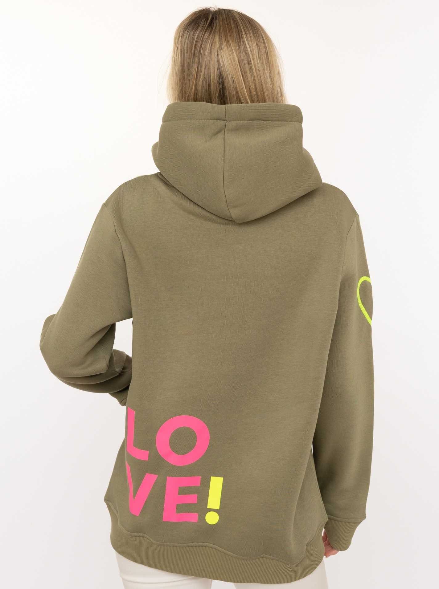 Zwillingsherz Kapuzensweatshirt mit gesticktem Neon Herz am Ärmel und "Love" Schriftzug auf Kordel