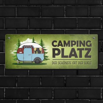 speecheese Metallschild Campingplatz Metallschild in grün mit Wohnwagen Motiv Wohnmobil Hobby