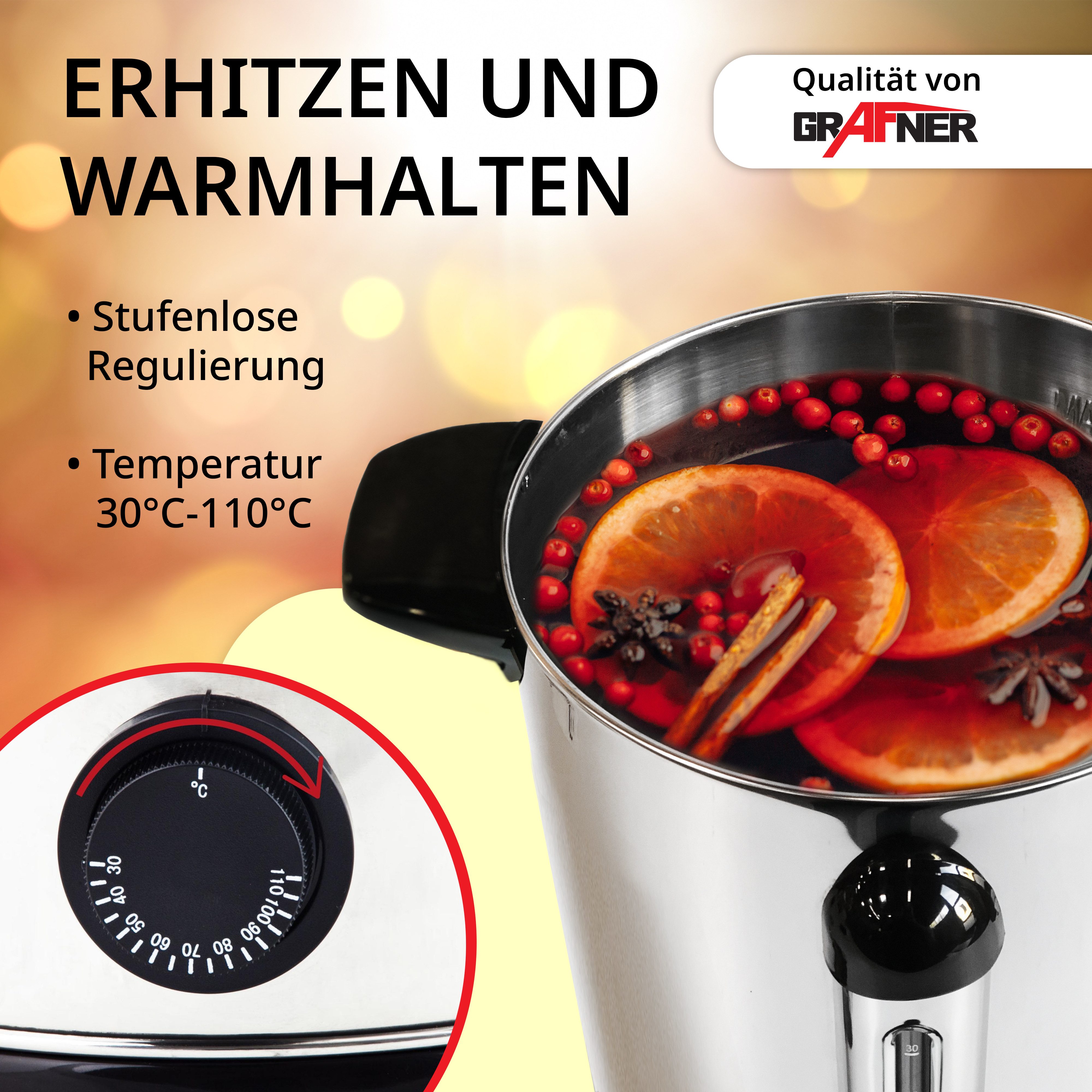 Grafner Heißgetränke- und Glühweinautomat Heißgetränkeautomat Glühweinkocher 1500 Watt 8,8 Liter, 1500 W, 8,8 Liter, Platz für 30 Tassen, wärmeisolierte Griffe