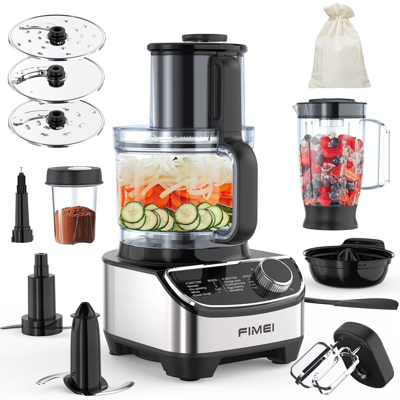 FIMEI Küchenmaschine HGM411, 1300 W, 3,5 l Schüssel, 1,5L Mixer, Mühle, Zitruspresse & weitere Zubehörteile