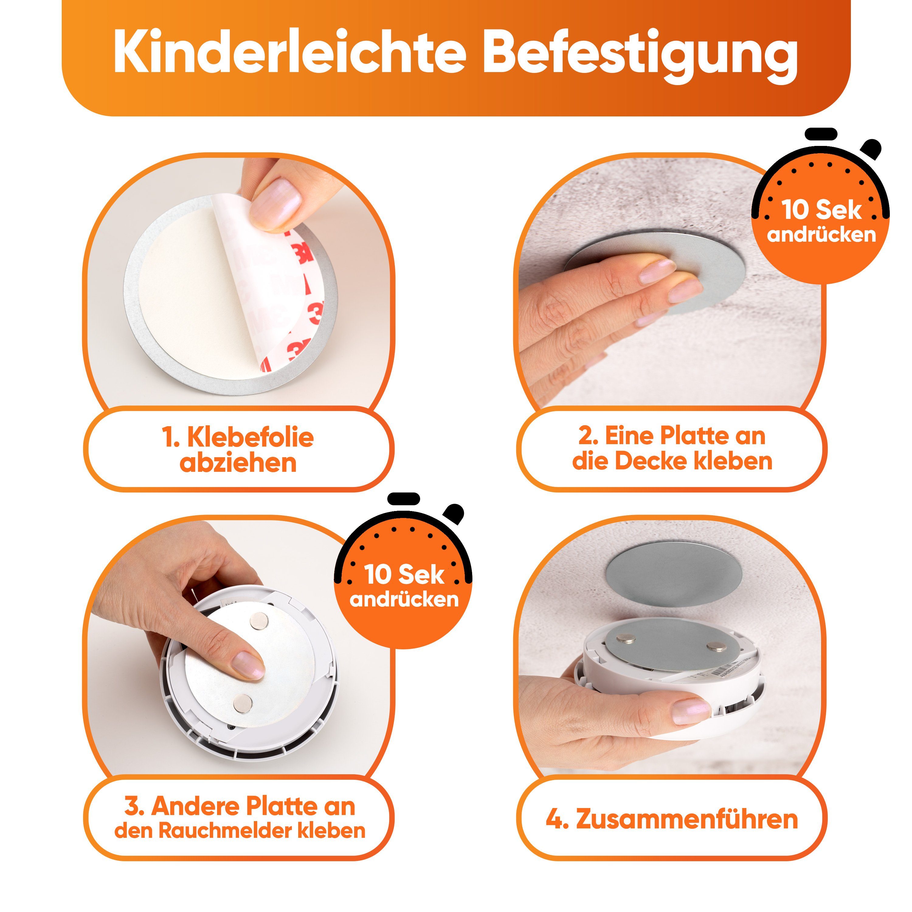 Villkin Magnethalter Rauchmelderhalterung, Magnetbefestigung, Magnethalterung (3-St), klebend, einfache Montage, magnetisch, überstreichbar