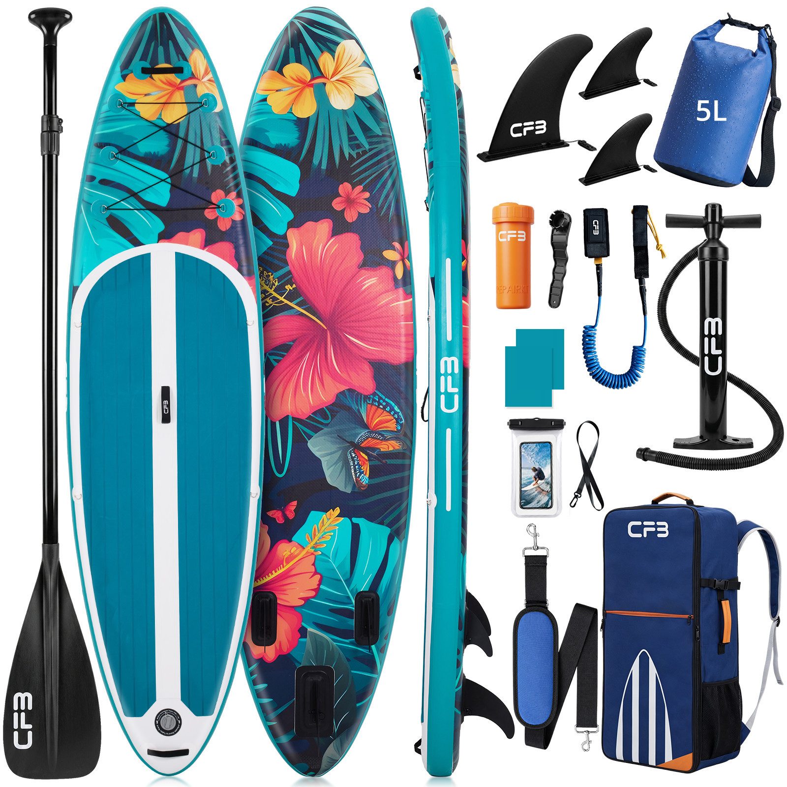CFB SUP-Board Set 320x84x15 cm extra breit, 160 kg Traglast, aufblasbares Stand Up Paddle Board, (Komplett-Set, mit Paddel, Pumpe, Rucksack, 5L Dry Bag und Schultergurt), für Anfänger und Erwachsene