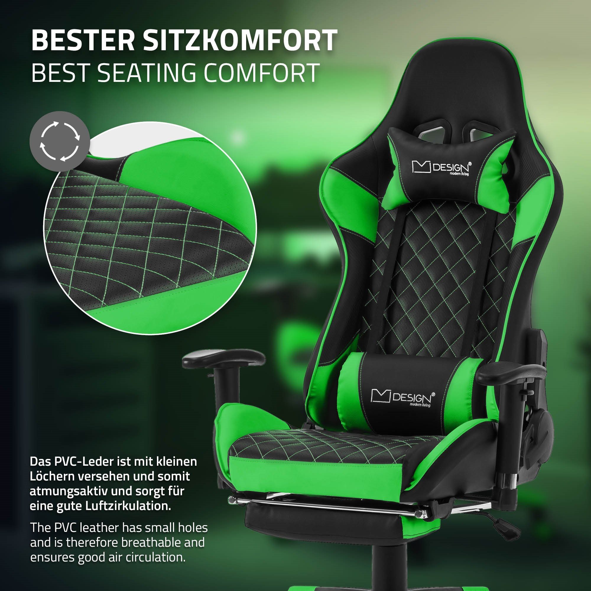 Bürostuhl Gaming-Stuhl Drehstuhl aus ML-DESIGN Armlehne, mit Ergonomischer Gaming Grün Stuhl Kopfstütze, verstellbar mit Schwarz, Kunstleder, Lendenkissen, Fußstütze