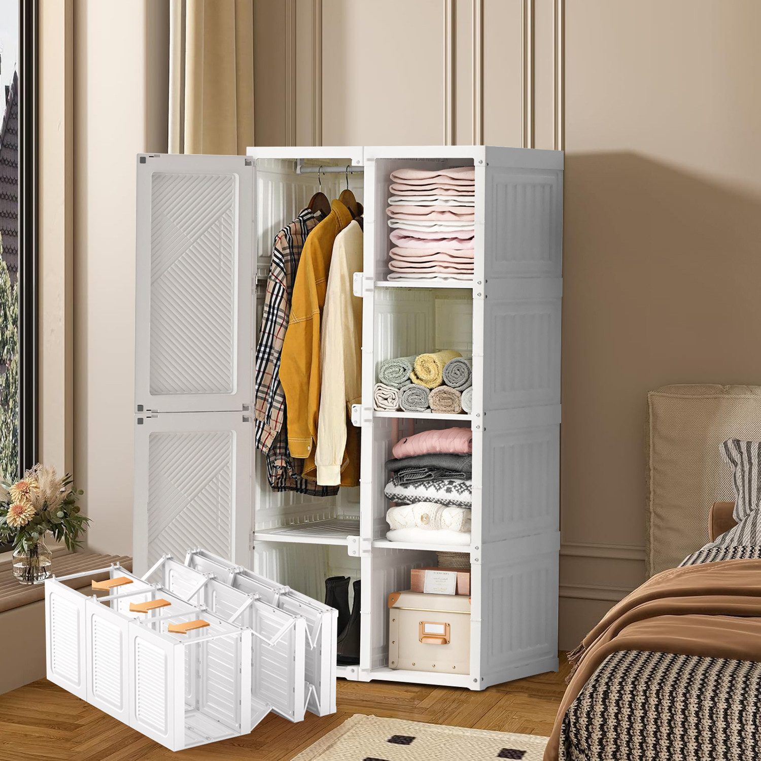 FUROKOY Garderobenschrank Kleiderschrank Zusammenklappbarer Mit Wäscheleine günstig online kaufen