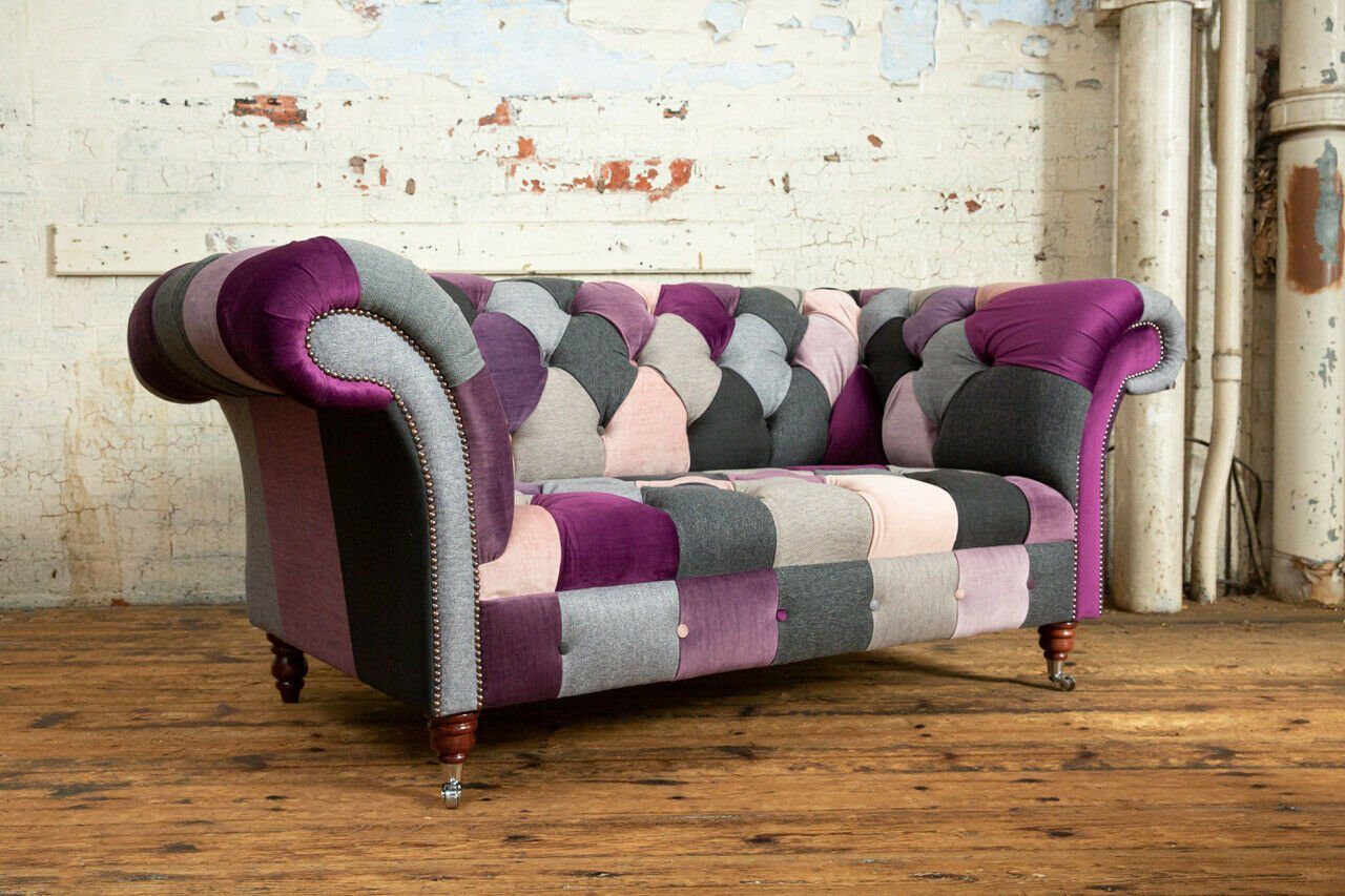 JVmoebel Chesterfield-Sofa, Chesterfield 2 Sitzer Sofa Textil Couch Polster  Design Bunt Sofa