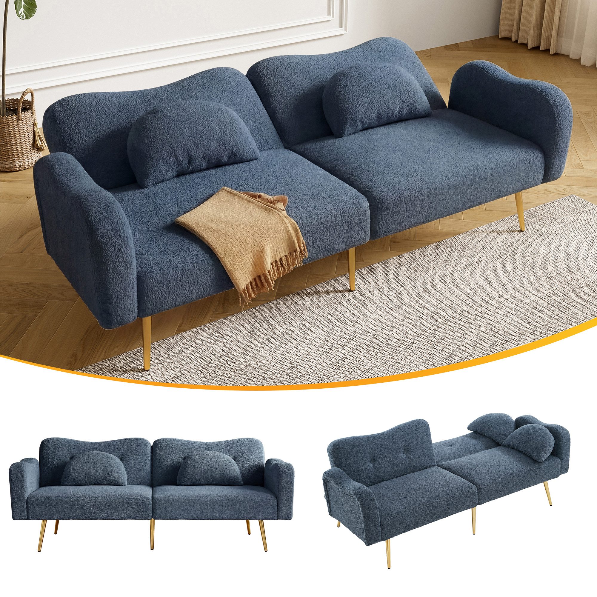 BlingBin Schlafsofa 2-Sitzer-Sofa mit Bettfunktion, Doppelsofa mit verstellbarer Rückenlehne und vergoldeten Metallfüßen 1 Teile, Geeignet für Wohnzimmer, Schlafzimmer und kleine Räume