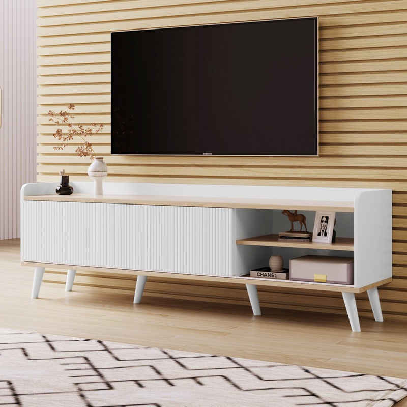 Merax Lowboard mit 2 Schubladen in Holzoptik und 2 Schiebetüren, TV-Board mit verstellbaren Einlegeböden, TV-Schrank, B: 160cm