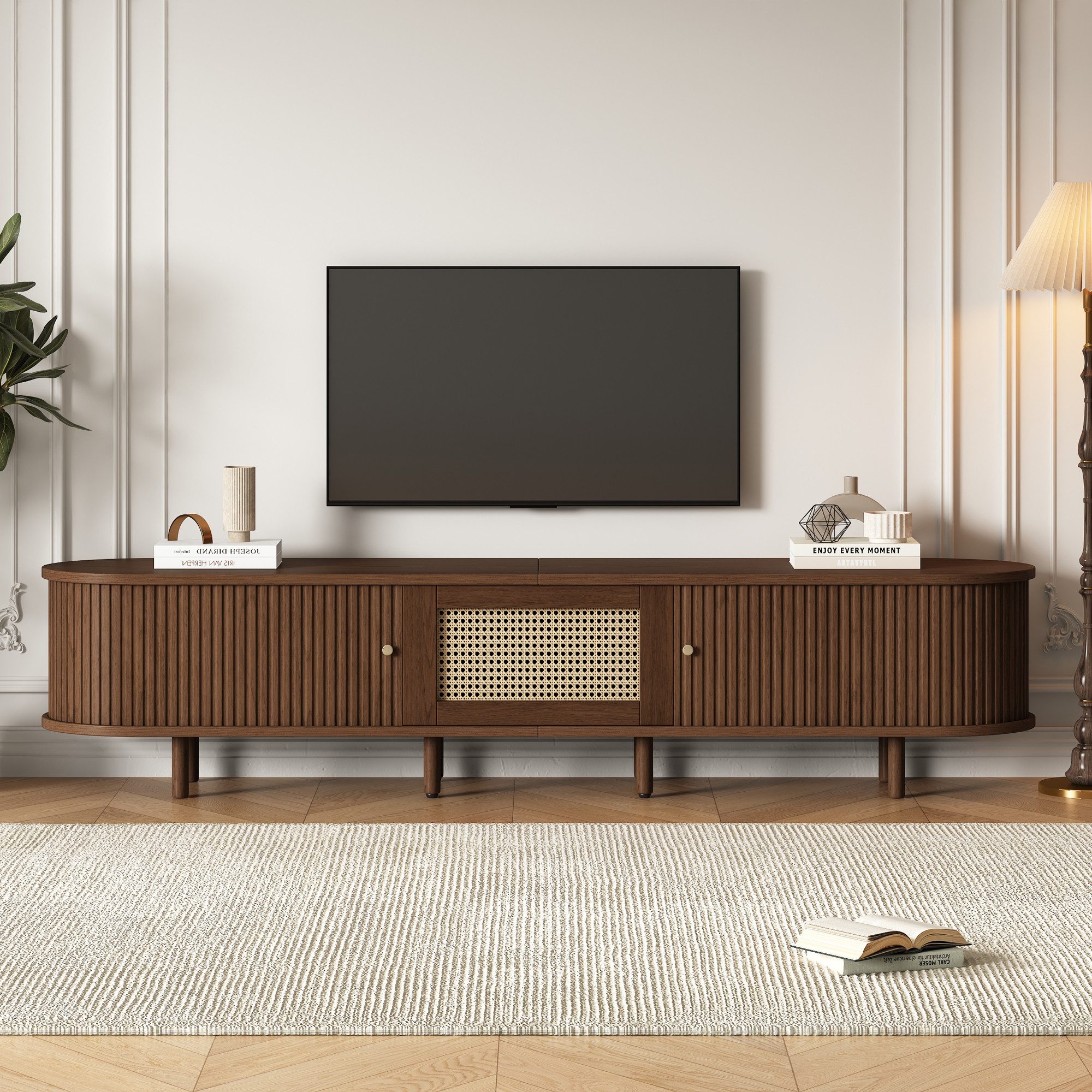 Merax Lowboard Ovaler TV-Schrank mit goldenen Griffen & Rattan-Design in Wa günstig online kaufen
