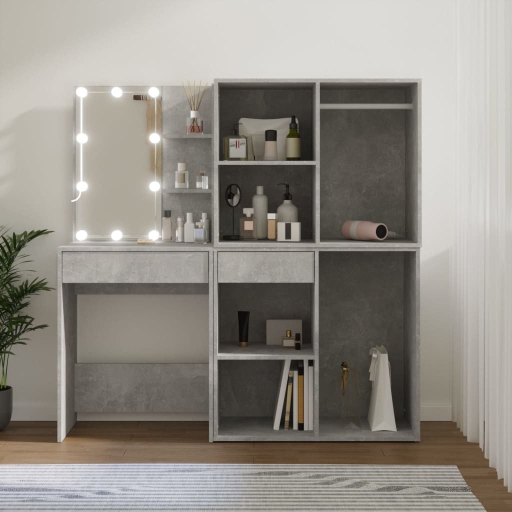 vidaXL Schminktisch LED-Schminktisch mit 2 Schränken Betongrau Holzwerkstoff