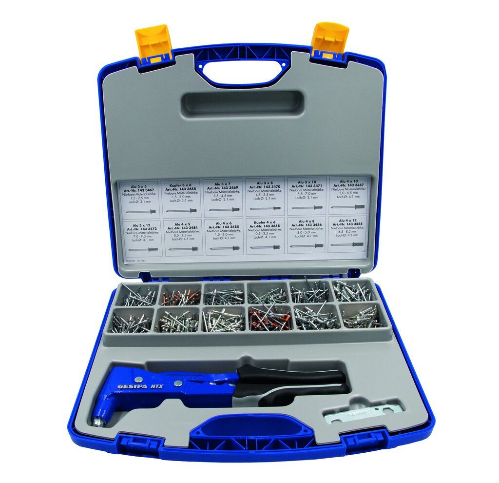 GESIPA Blindnietzange Nietbox Set mit Handnietzange NTX und 12 Blindniet-Abmessungen, 14-tlg.
