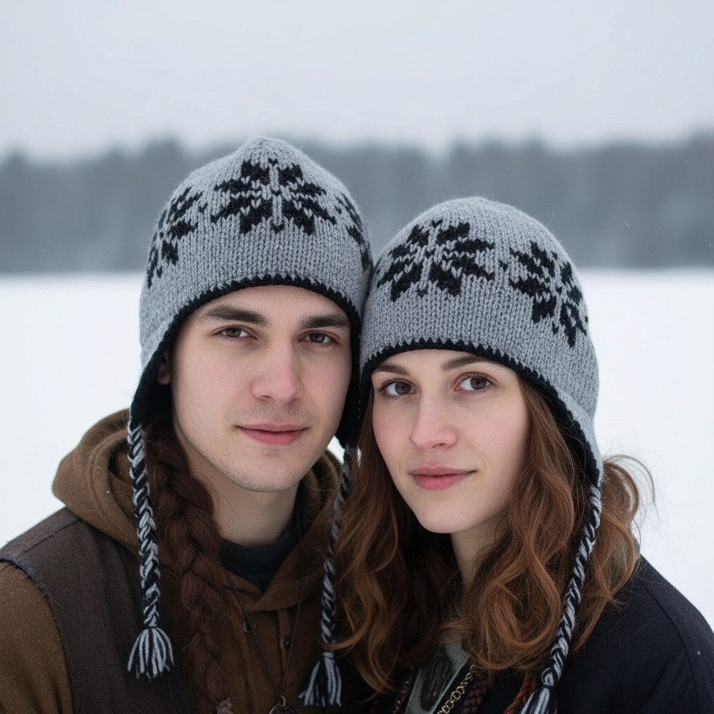Guru-Shop Strickmütze Wollmütze mit Ohrenklappen, Norwegermütze - grau