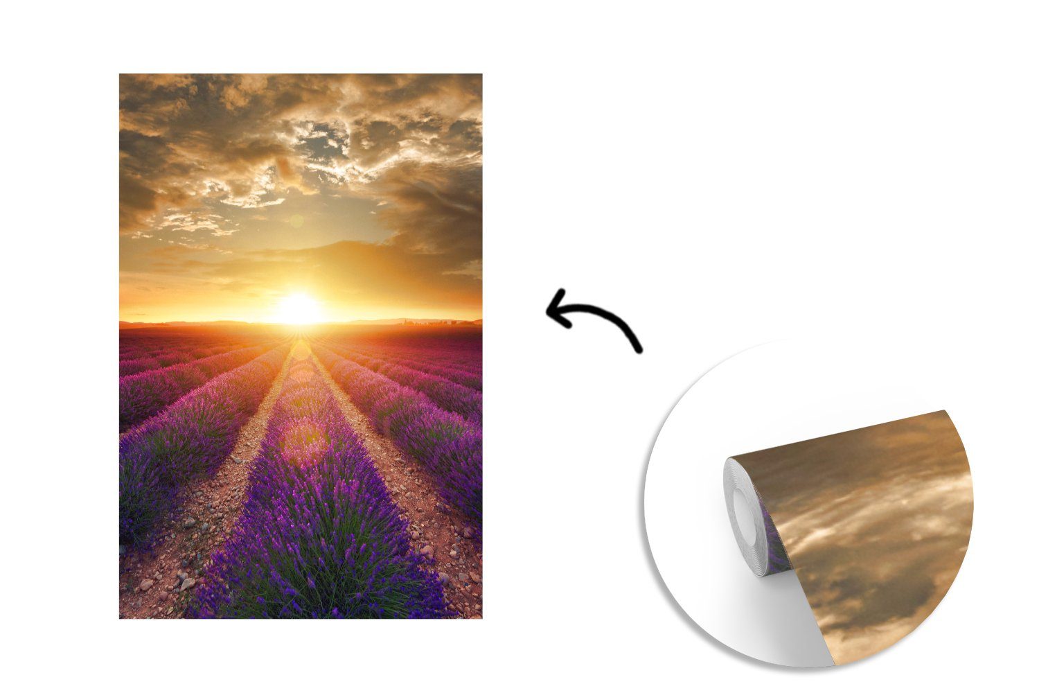 Frankreich Fototapete - Montagefertig MuchoWow Vinyl - Sonne, bedruckt, St), Tapete (3 Wandtapete für Wohnzimmer, Lavendel Matt,