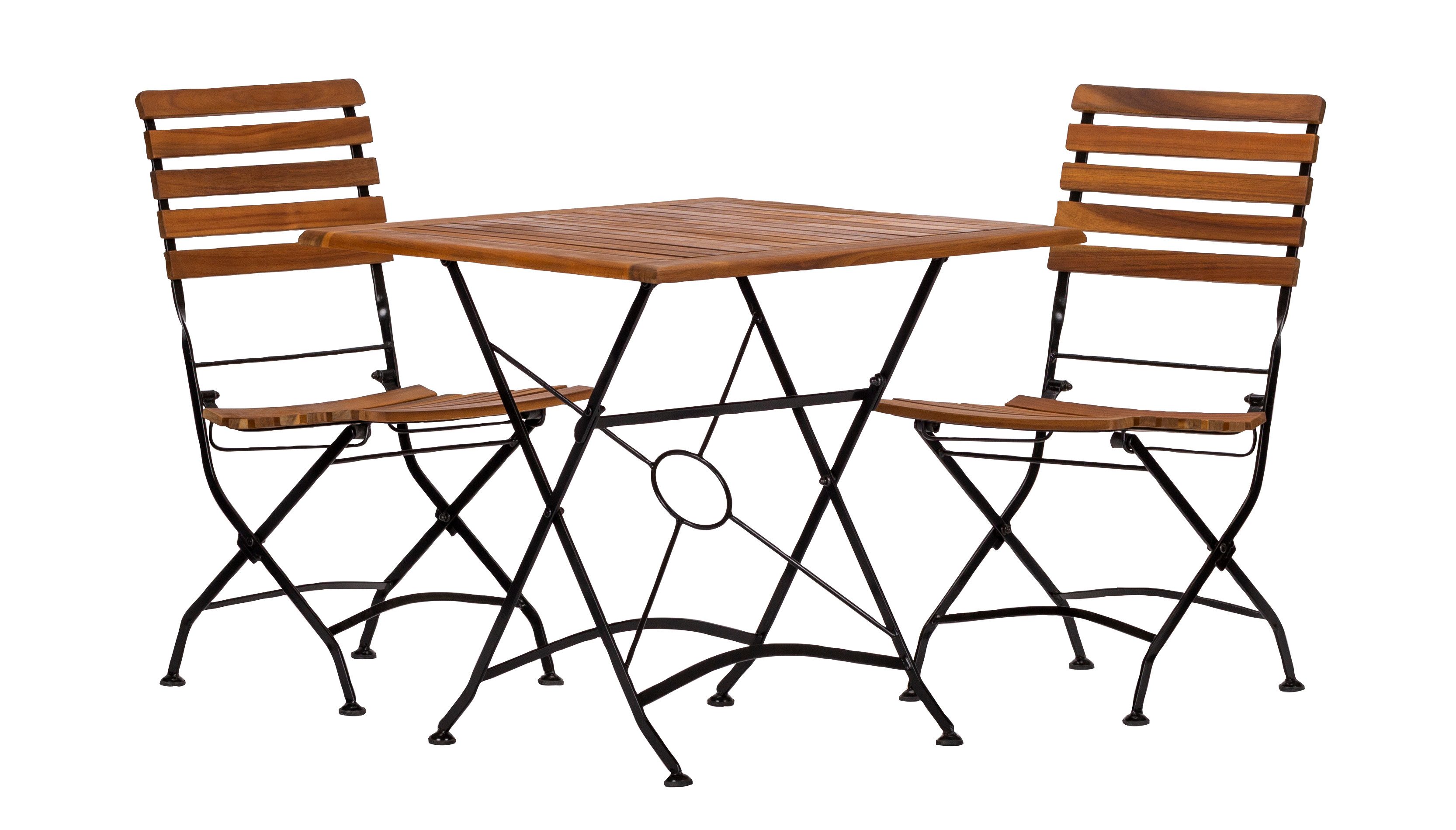 acamp Gartenlounge-Set Akazienholz Gartenmöbel Balkonset Klappmöbel schwarz, Balkon Terrasse, (Set, 3-tlg., 2 Klappstühle, 1 Klapptisch), klappbar, platzsparend, FSC-Holz, Teaköl-Finish, witterungsbeständig