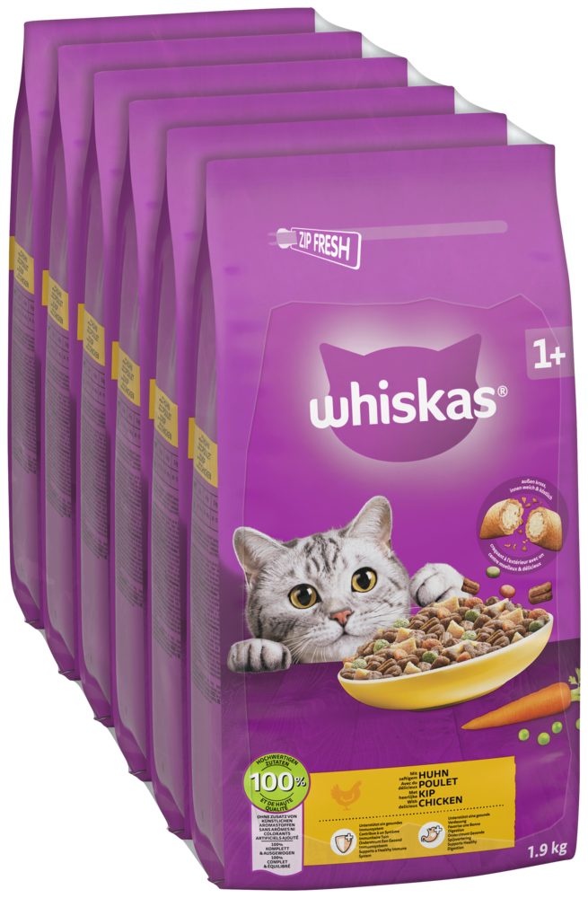 Whiskas WHISKAS® Beutel Trocken Adult 1+ mit Huhn 6 x 1,9kg, Trockenfutter für: Katze
