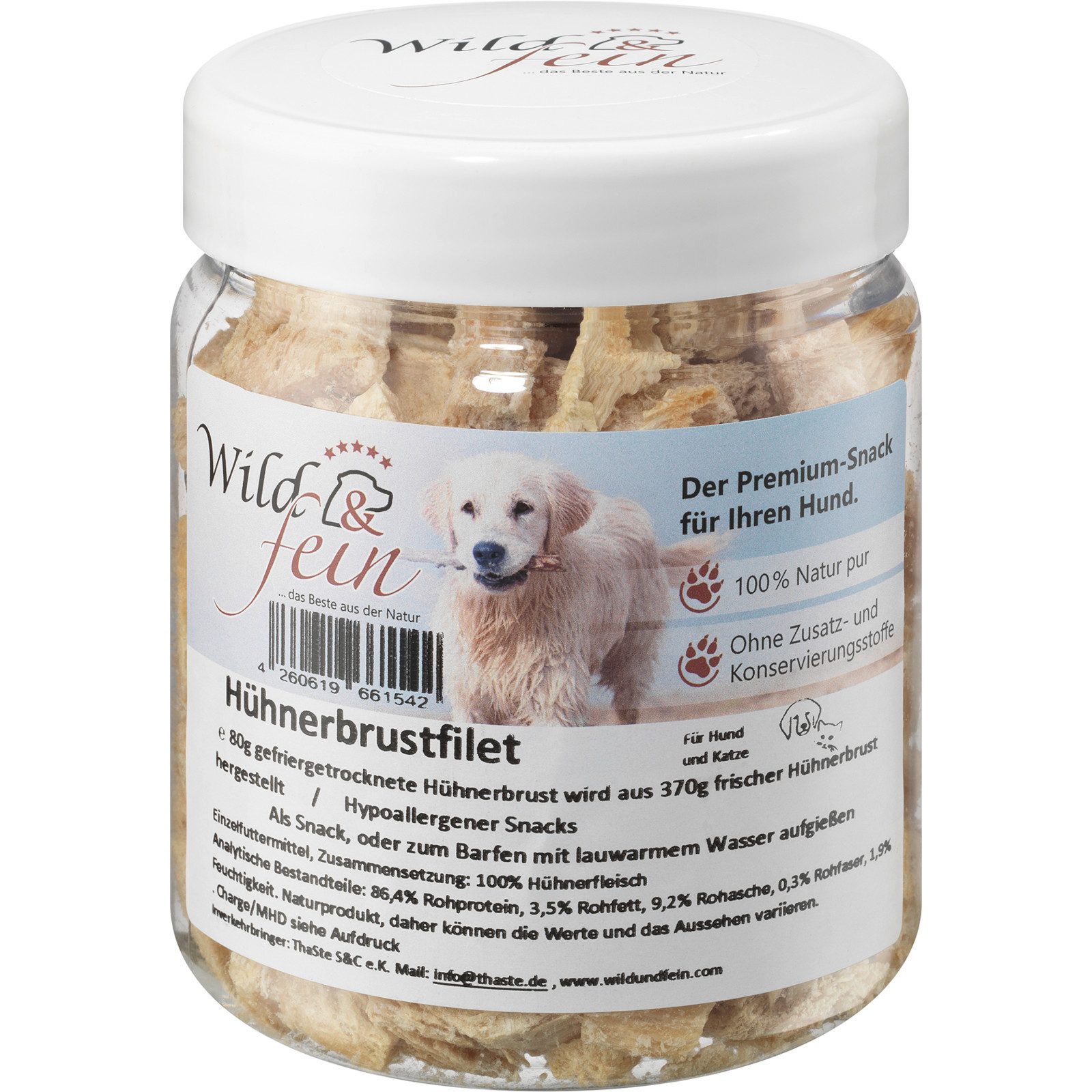 Wild & Fein Hundesnack Hühnchenbrustfilet, gefriergetrocknet, 80 g, Snack für: Hund, Katze
