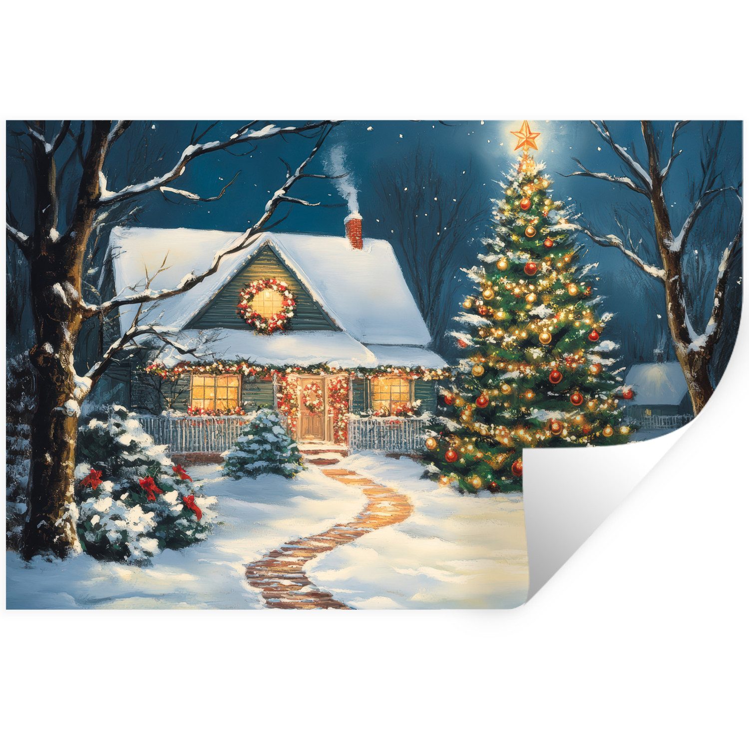 MuchoWow Wandsticker Weihnachten - Weihnachtsbaum - Winter - Zuhause - Schnee (1 St), Wandtattoo, Selbstklebend, Wohnzimmer, 30x20 cm