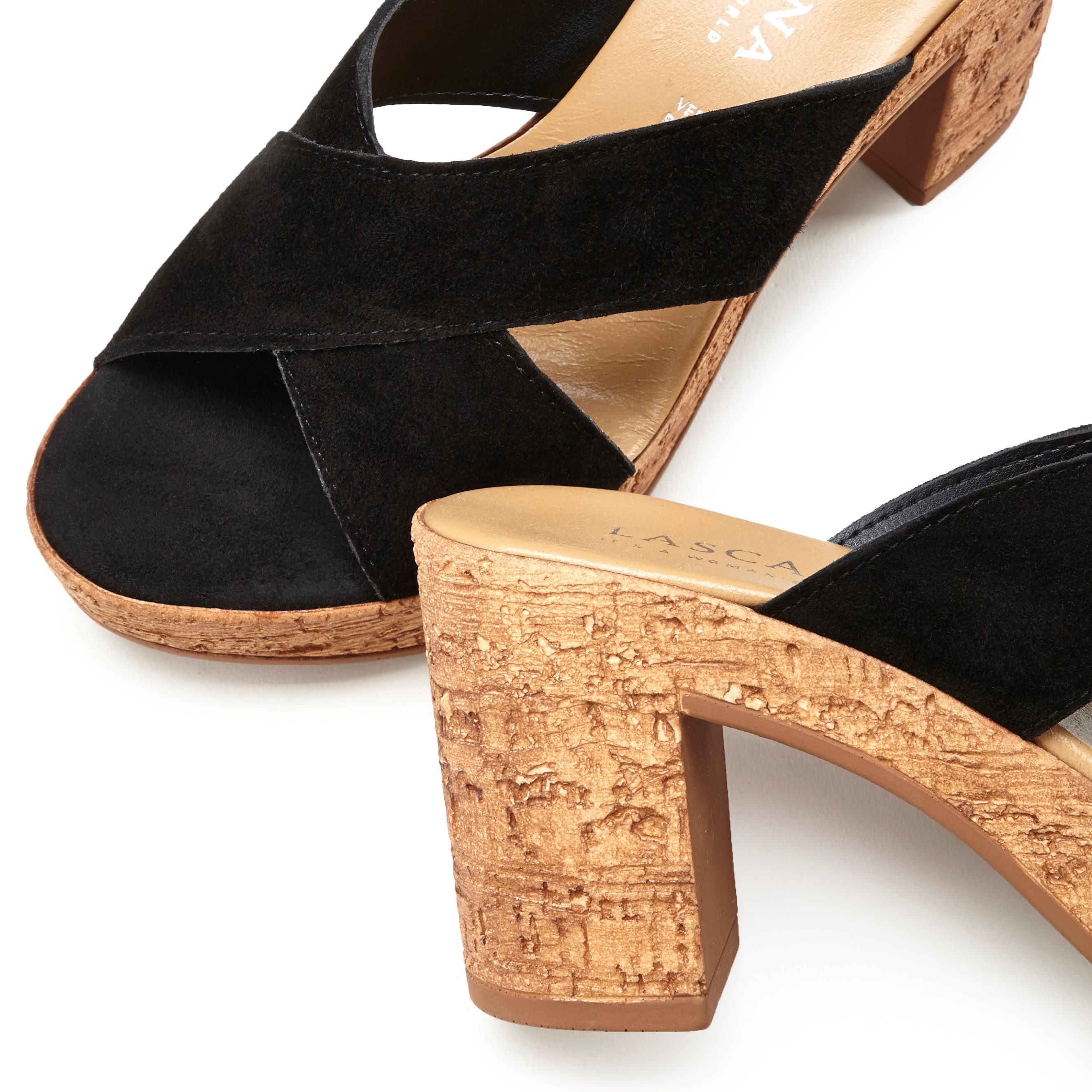 Schuh mit schwarz Pantolette Blockabsatz aus Mule, offener LASCANA Leder Sandale,