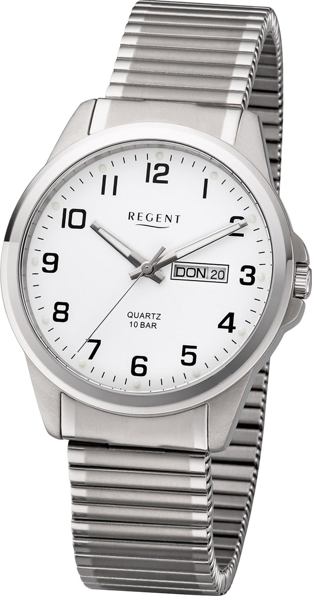 Regent Quarzuhr Regent Metall Herren Uhr F-1198 Analog, Herrenuhr Metallarmband silber, rundes Gehäuse, groß (ca. 40mm)