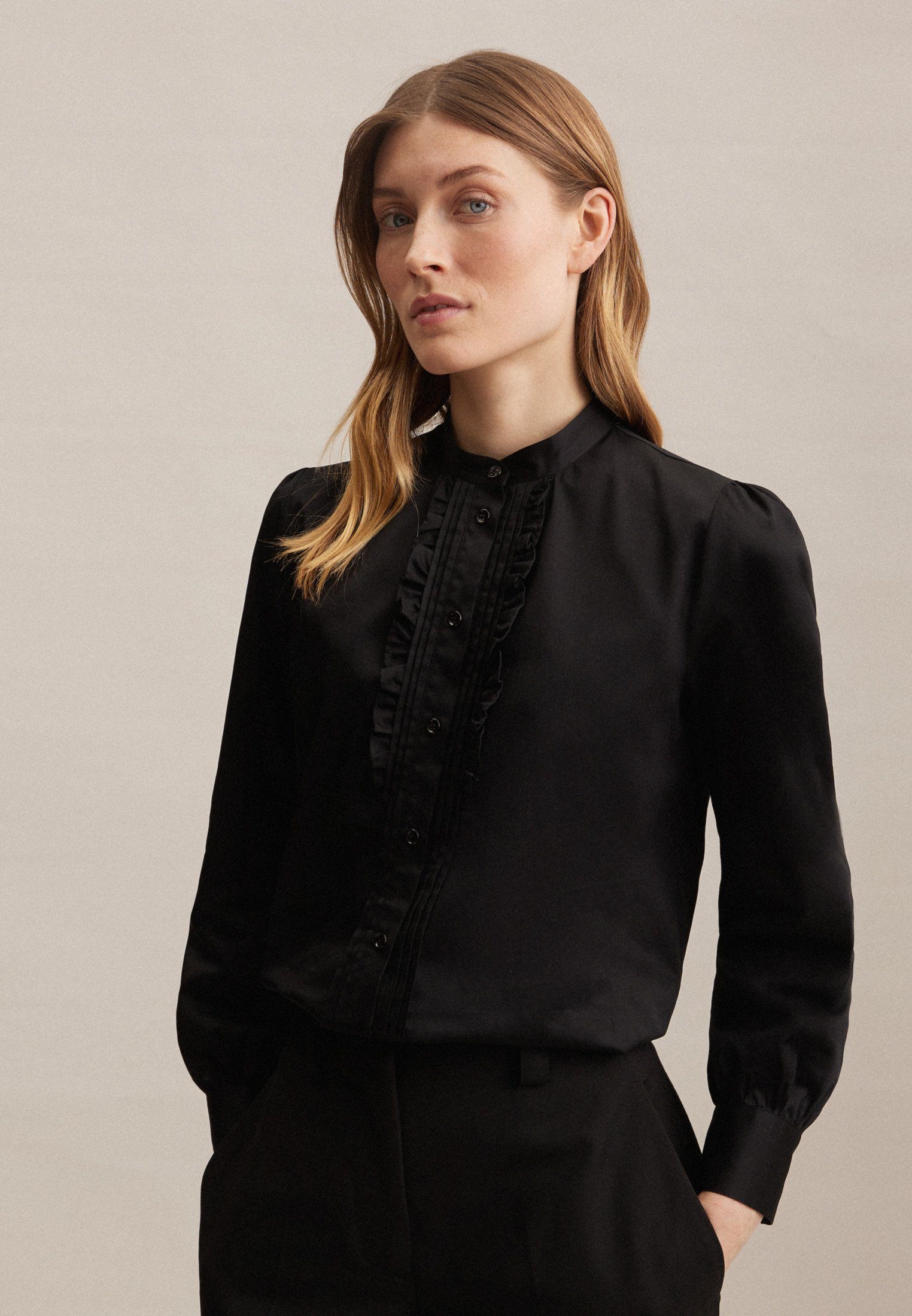 seidensticker Klassische Bluse Schwarze Rose Langarm Kragen Uni glänzend | Blusen