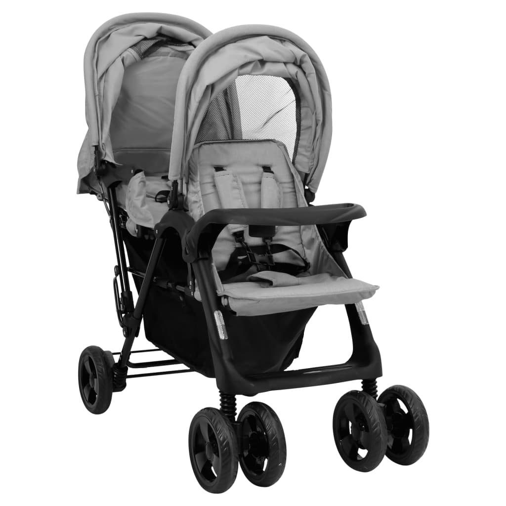 vidaXL Kinder-Buggy Tandem-Zwillingskinderwagen Hellgrau Stahl Hellgrau | Hellgrau