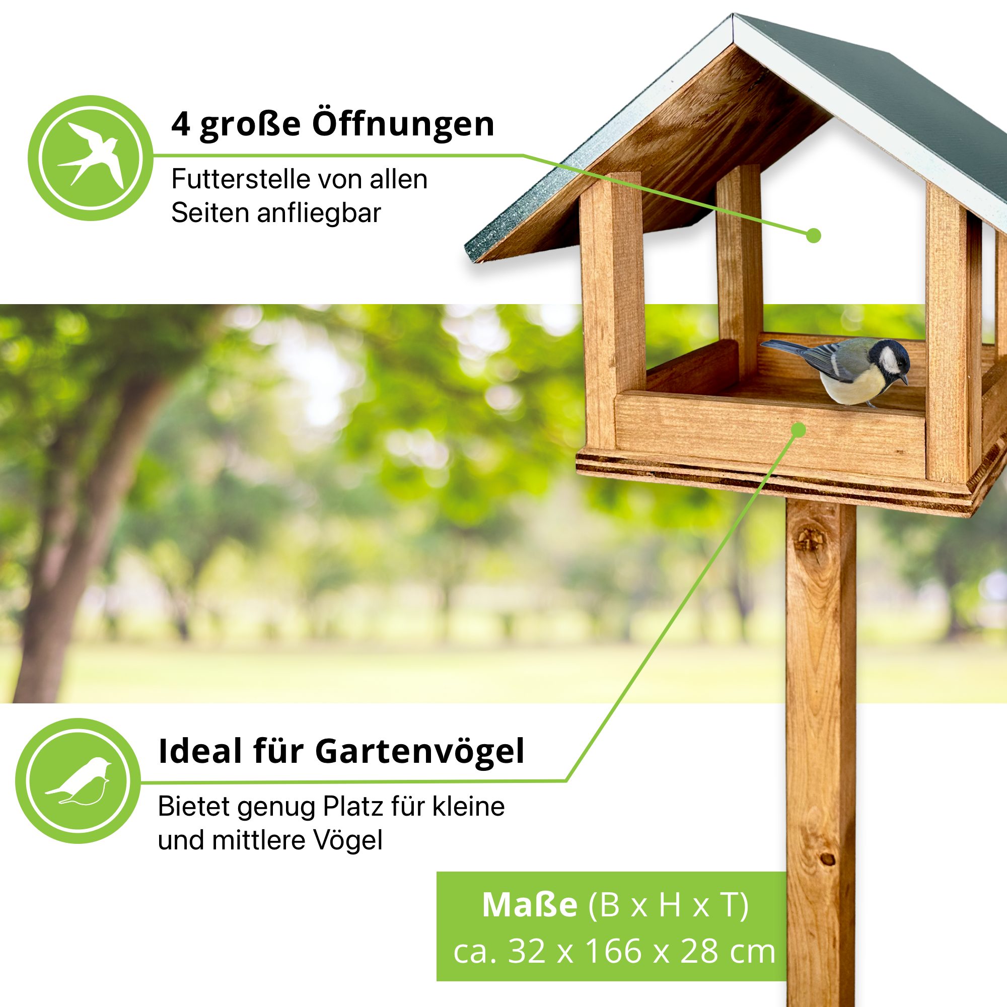 gartenetage Vogelhaus Selbststehendes Vogelhaus mit Metalldach – Futterhaus für Wildvögel, kleine und mittlere Vögel, leicht zu reinigen, robust & langlebig